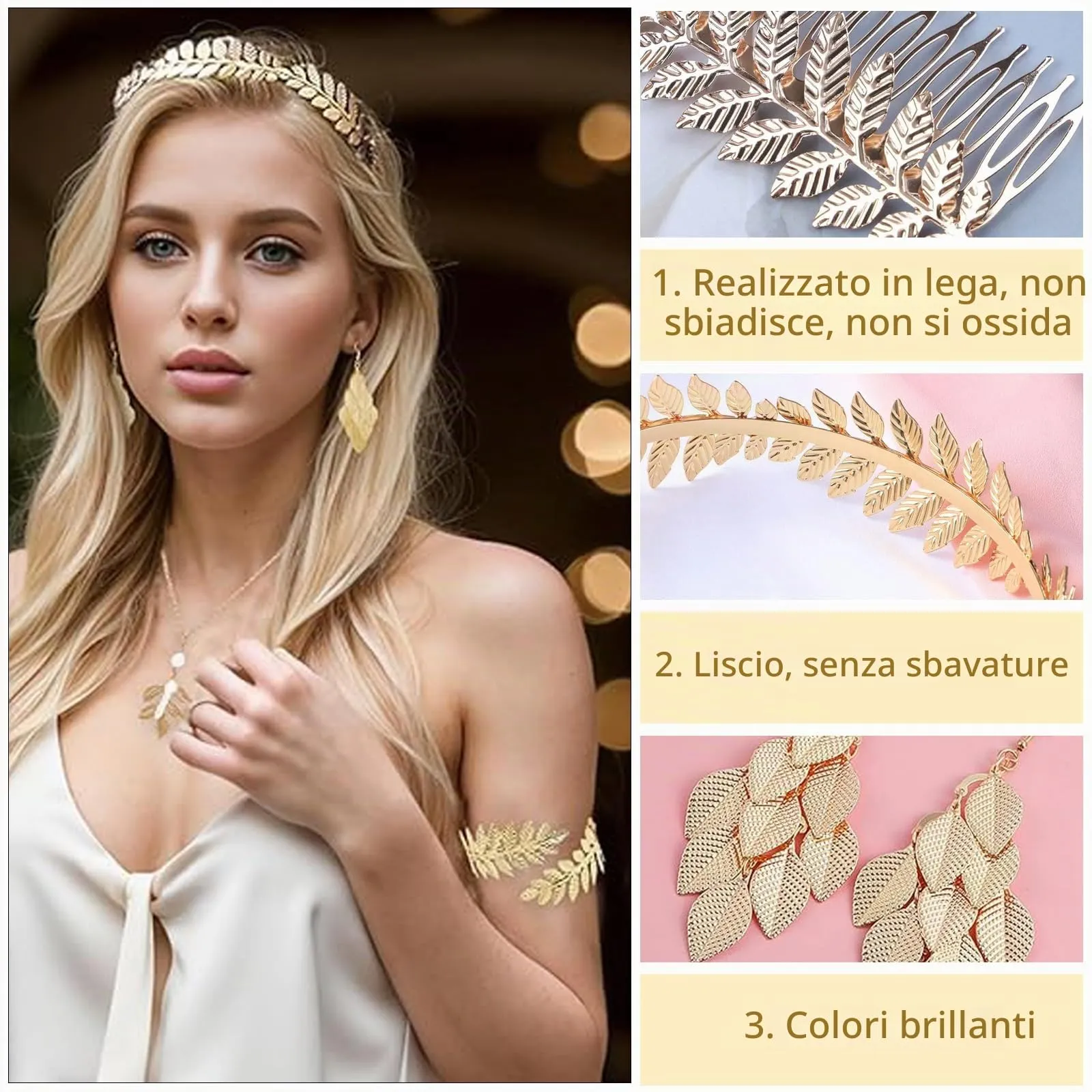 VIDSTW Set di Gioielli Dea Greca - Parure Accessori Donna con Orecchini Sposa Perla, Collana, Bracciali, Pettini e Accessori per Capelli in Oro - immagine 3