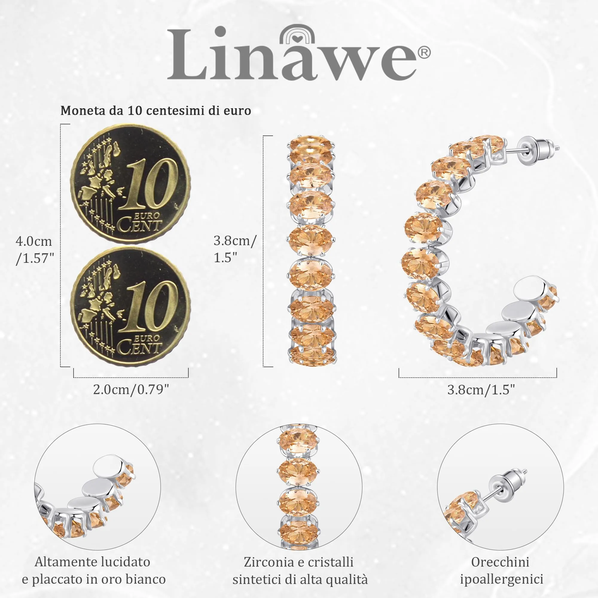 Linawe Orecchini a cerchio in argento citrino, orecchini a forma di fossile, gioielli da donna, orecchini a cerchio grandi, orecchini ipoallergenici in acciaio inossidabile senza nichel con pietra - immagine 4