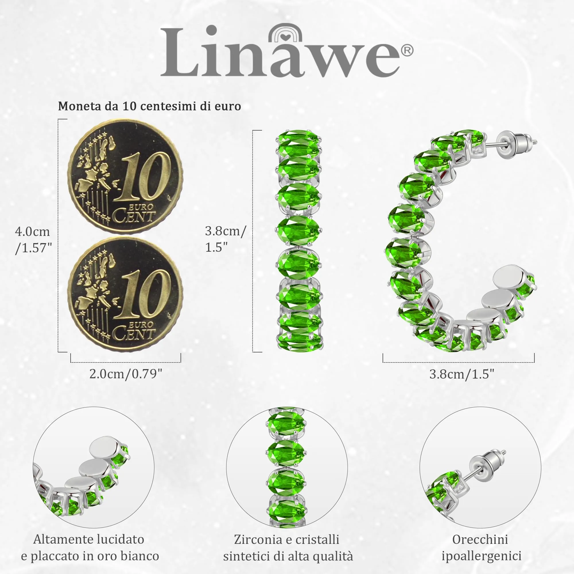 Linawe Orecchini a cerchio in argento verde con peridoto, da donna, in acciaio inossidabile, gioielli alla moda, oro bianco, senza nichel - immagine 4