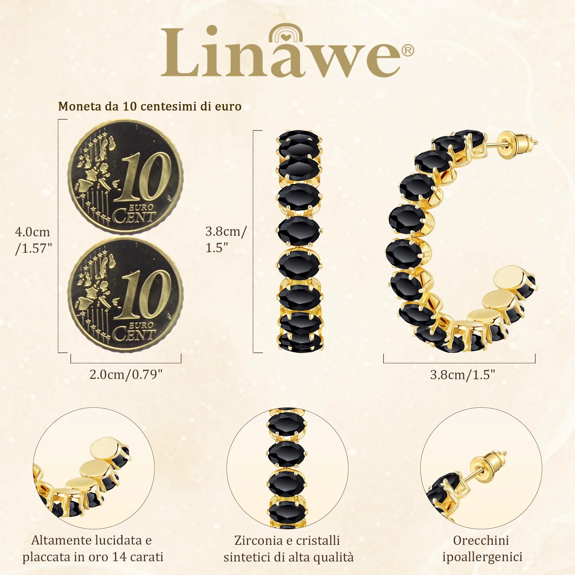 Linawe Orecchini a cerchio da donna neri, gioielli da appendere in oro, orecchini eleganti in acciaio inossidabile da donna, orecchini pendenti in oro grandi gioielli alla moda - immagine 4
