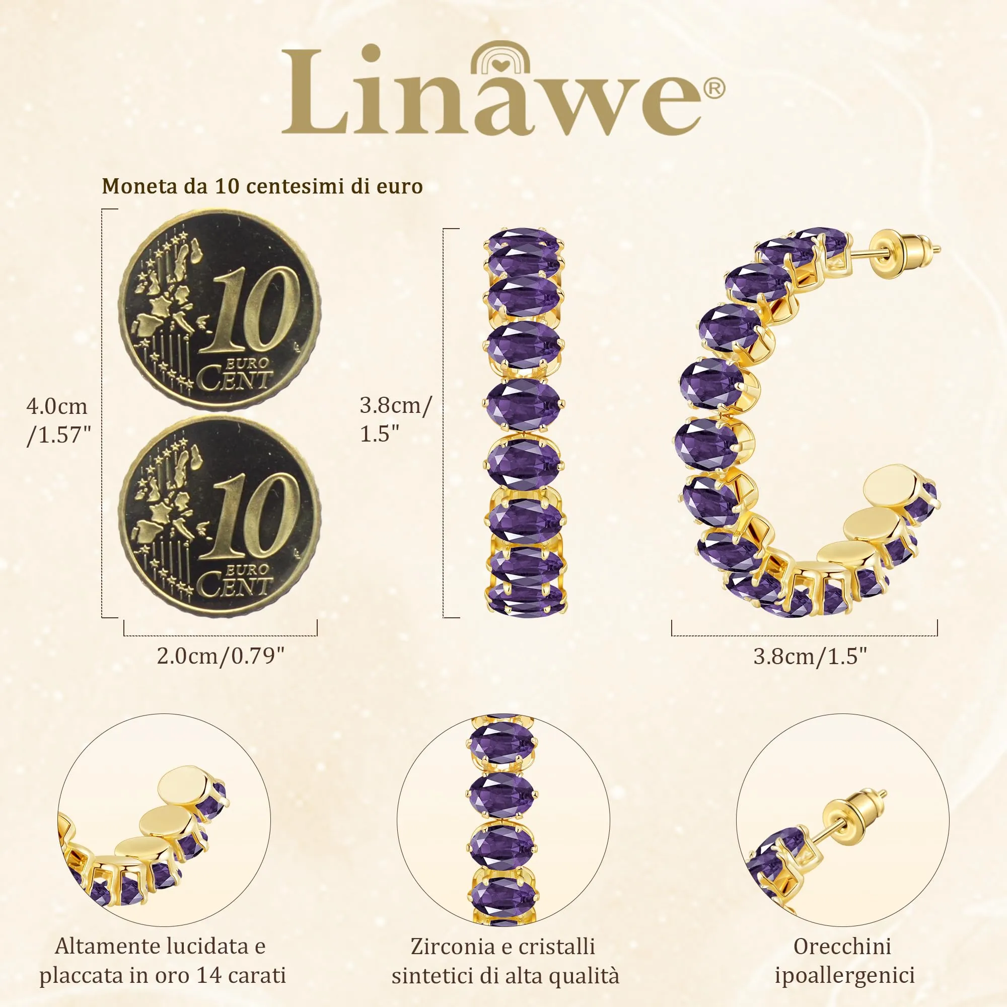 Linawe Orecchini da appendere in oro con ametista viola, grandi orecchini a cerchio, in acciaio inossidabile da donna - immagine 4