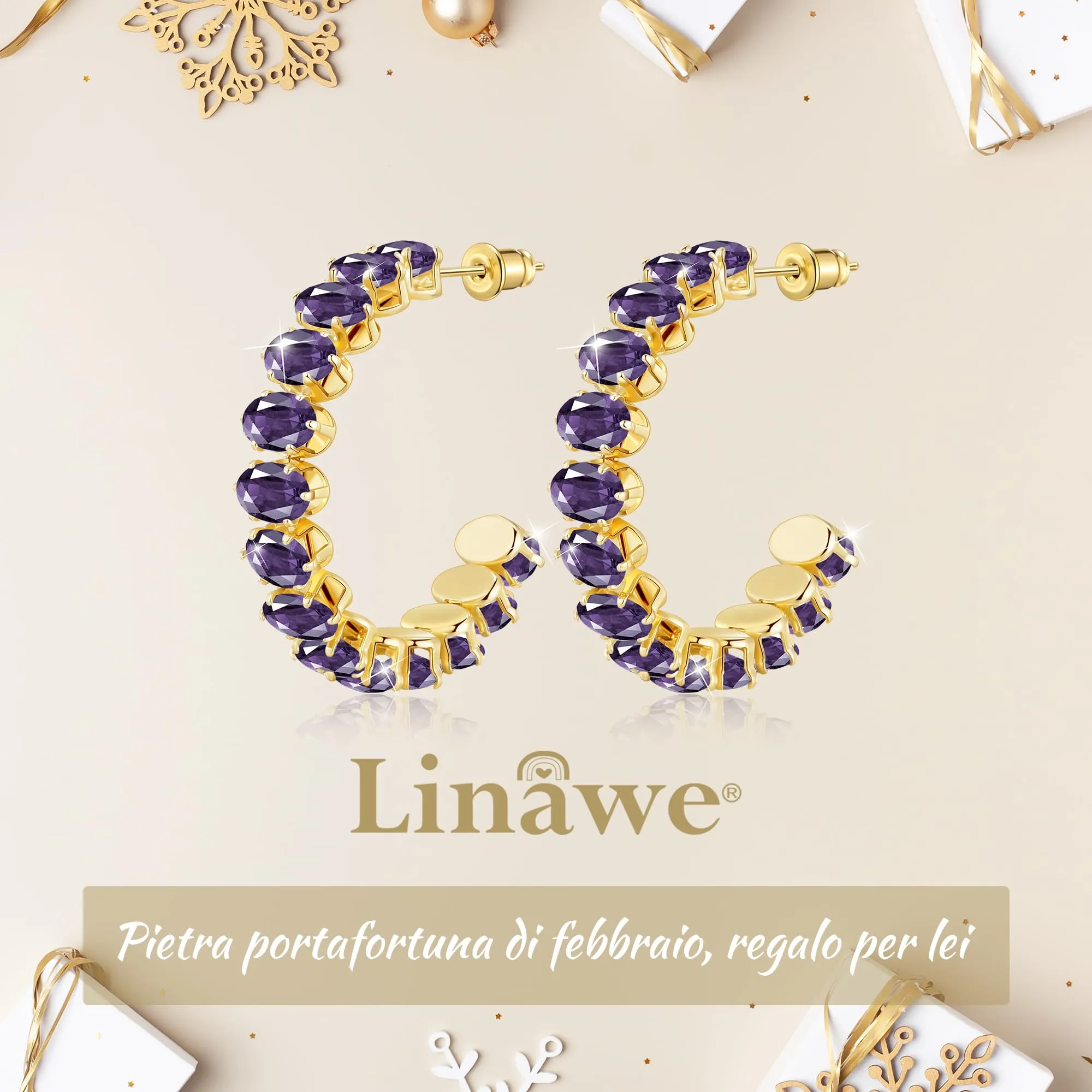 Linawe Orecchini da appendere in oro con ametista viola, grandi orecchini a cerchio, in acciaio inossidabile da donna - immagine 5