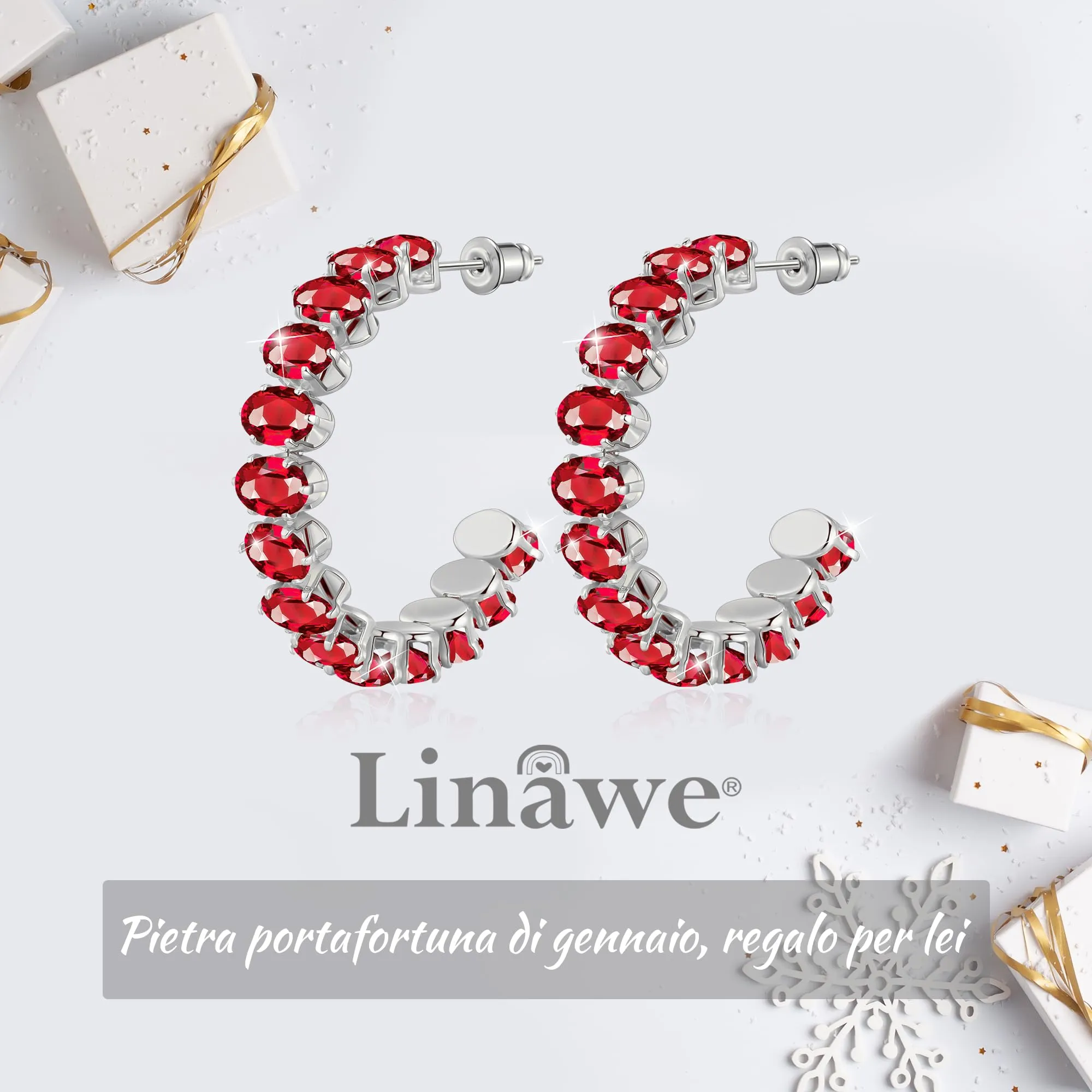 Linawe Orecchini a cerchio da appendere in argento rosso rubino, gioielli alla moda da donna in acciaio inossidabile, orecchini pendenti ipoallergenici con pietra in oro bianco - immagine 5