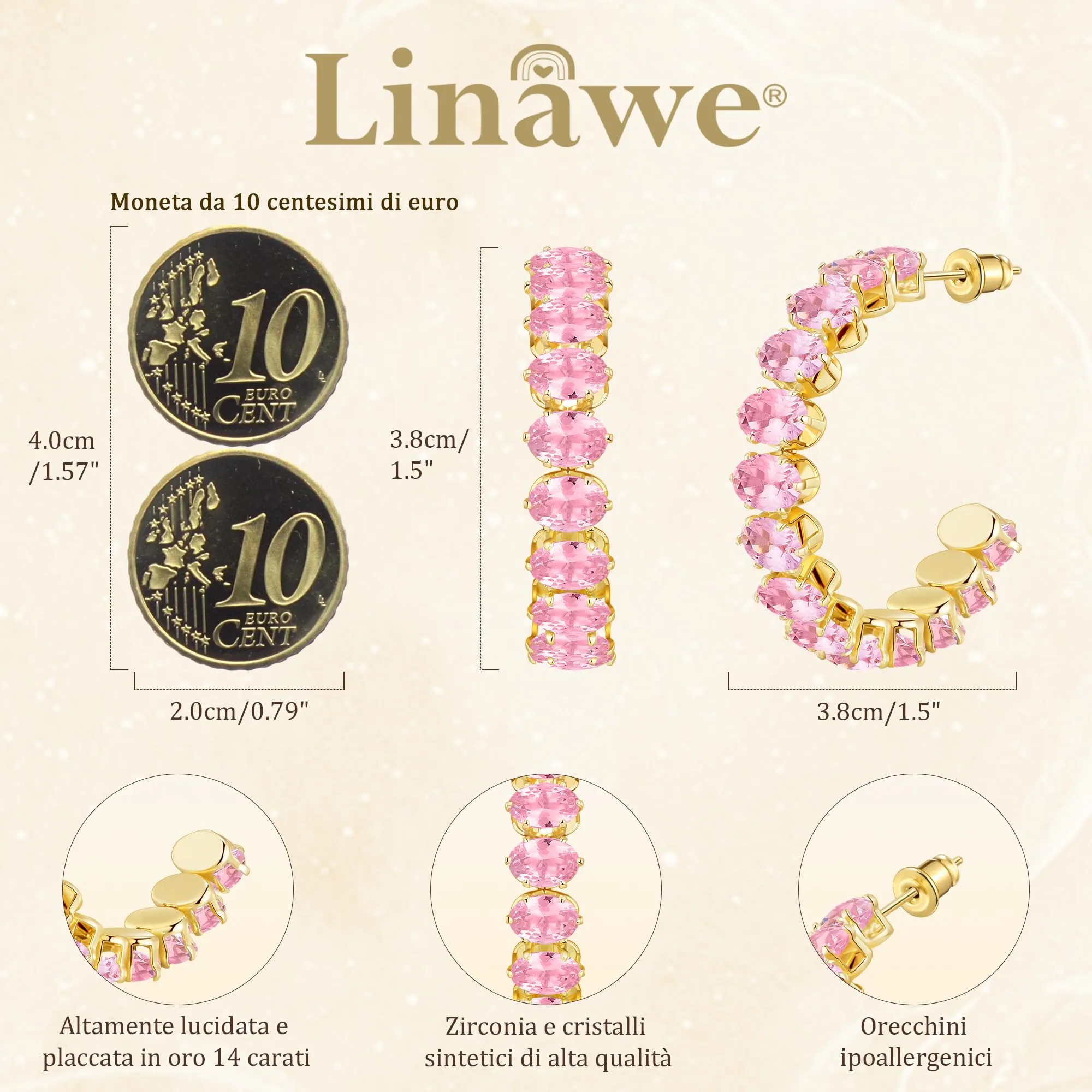 Linawe Orecchini pendenti grandi in oro rosa, orecchini da donna in acciaio inossidabile placcati in oro, orecchini alla moda con pietra - immagine 4