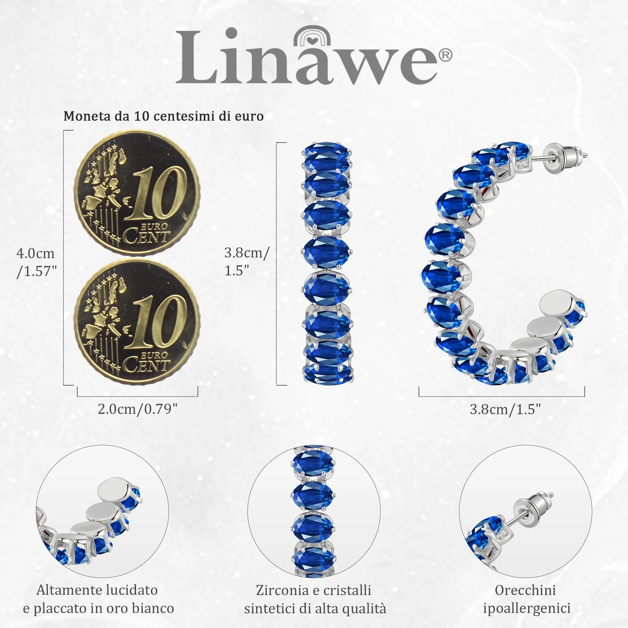Linawe Orecchini blu zaffiro, orecchini a cerchio in argento, orecchini da donna con fossili, orecchini grandi in acciaio inossidabile, gioielli di moda, orecchini pendenti ipoallergenici con pietra - immagine 4