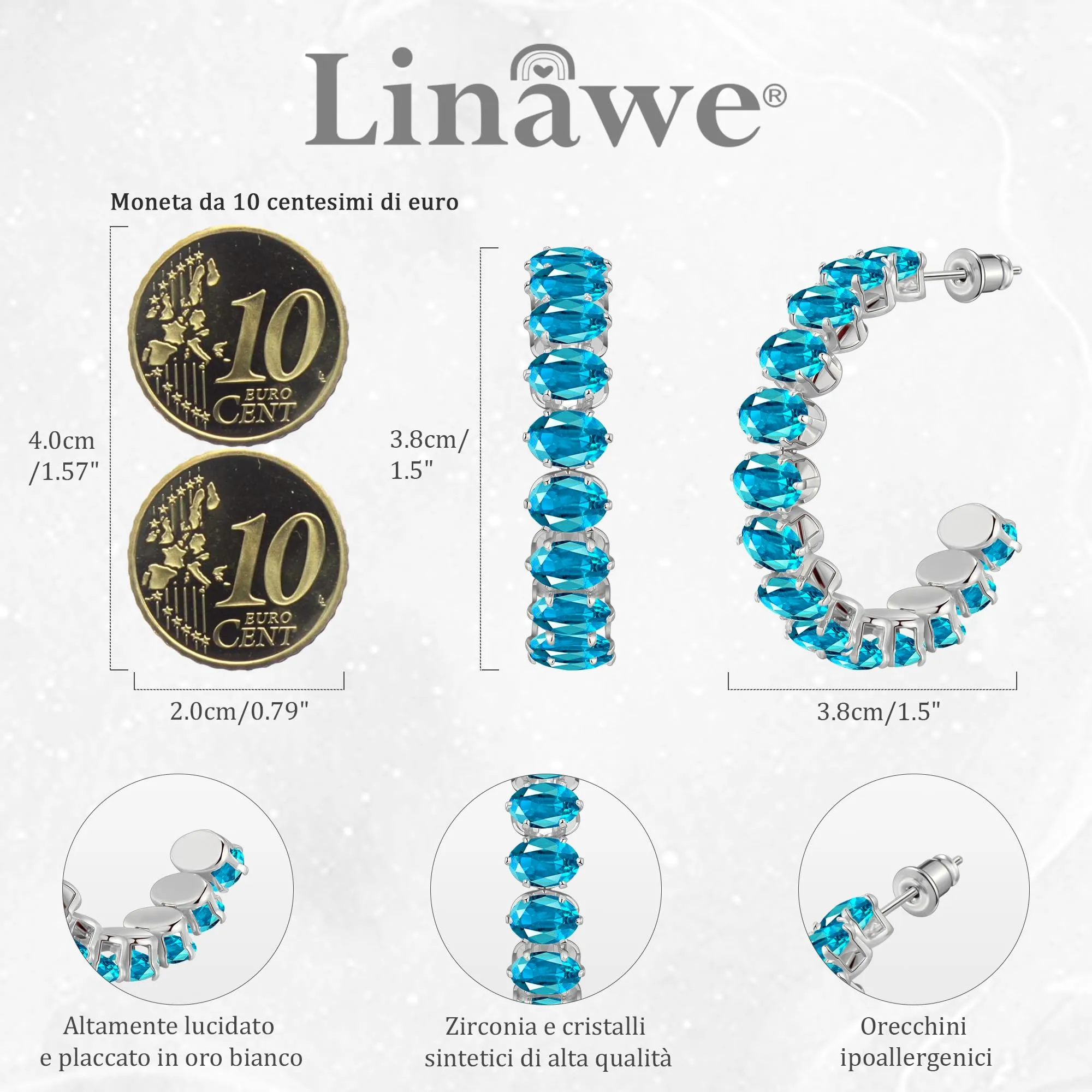 Linawe Orecchini pendenti in argento blu acquamarina, grandi orecchini a cerchio fossile, orecchini in acciaio inossidabile Orecchini da donna in argento alla moda, orecchini pendenti ipoallergenici - immagine 4