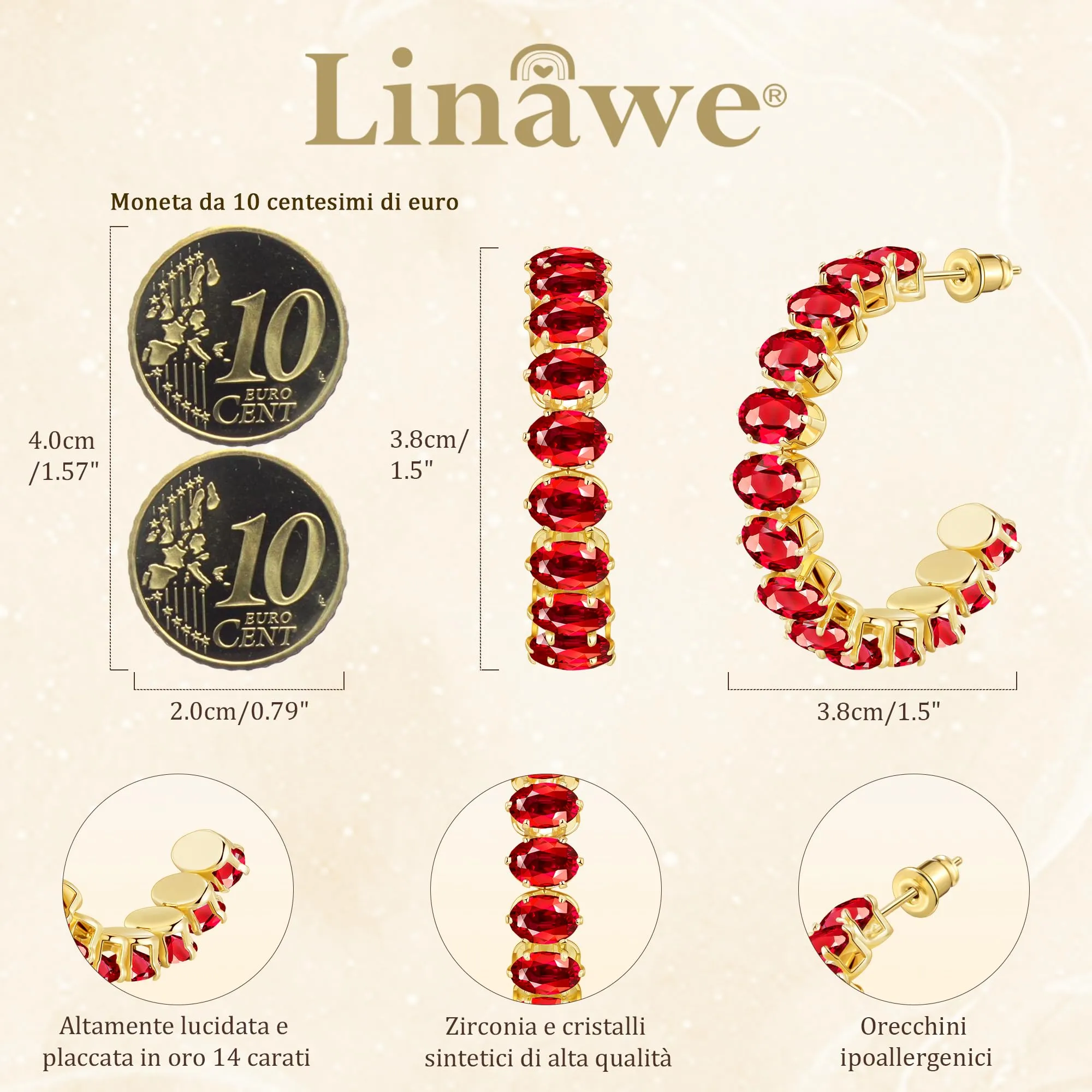 Linawe Orecchini pendenti in oro rosso rubino, grandi orecchini a cerchio in acciaio inossidabile da donna, gioielli alla moda, placcati in oro, ipoallergenici con pietra - immagine 4
