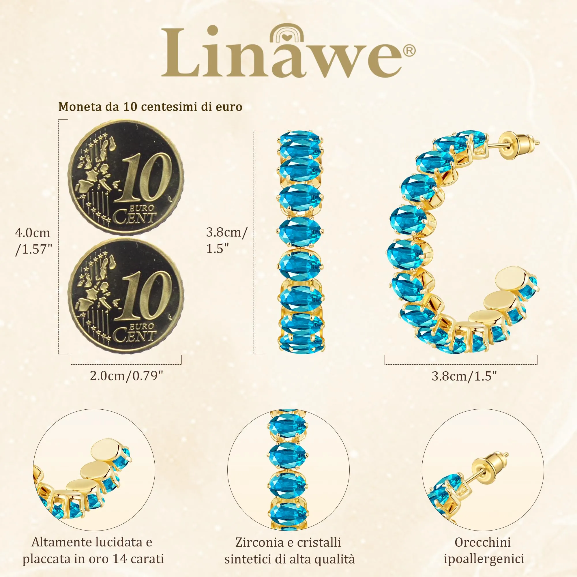 Linawe Orecchini a cerchio grandi in oro blu acquamarina, gioielli da donna in acciaio inossidabile, orecchini pendenti gioielli di moda Orecchini placcati in oro - immagine 4