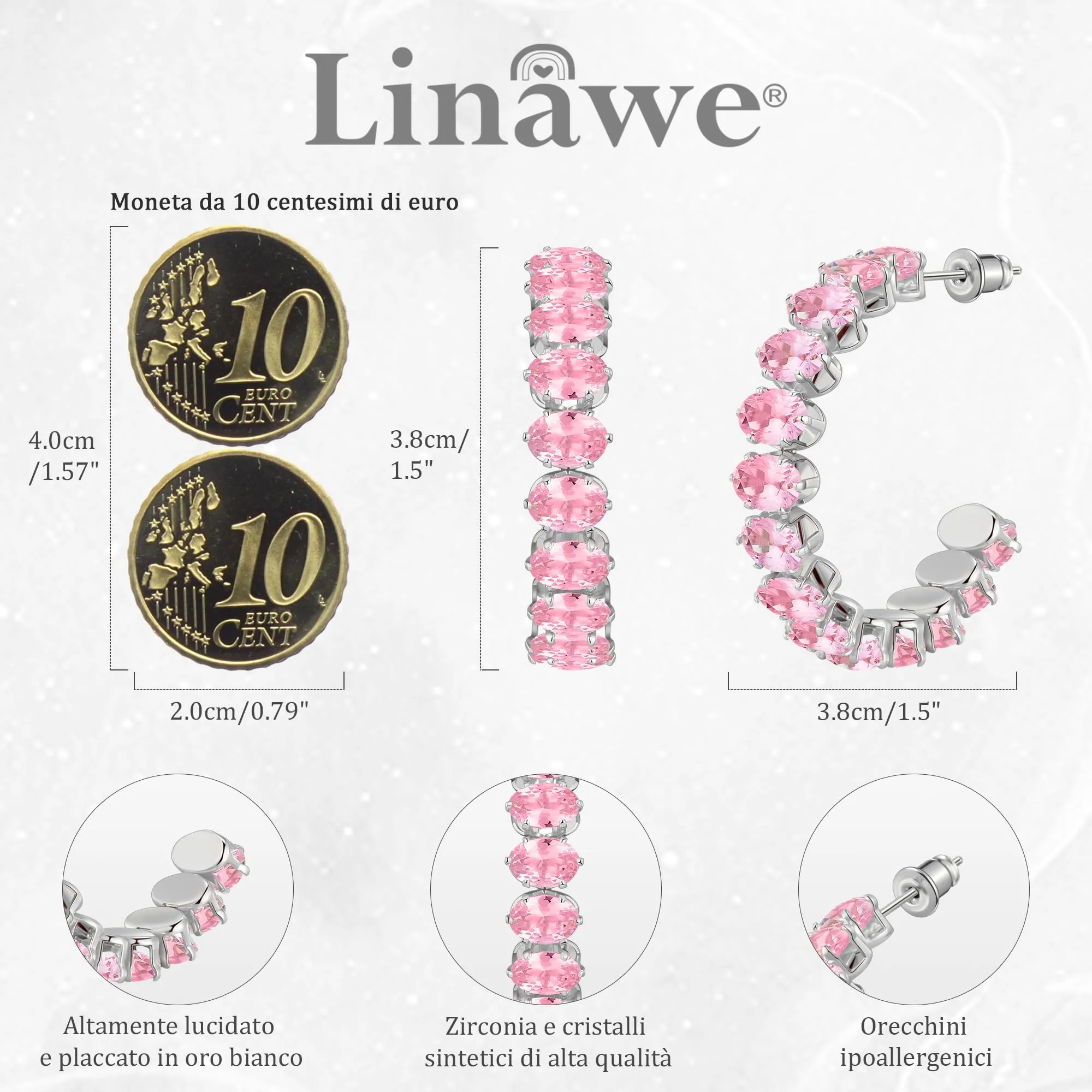 Linawe Orecchini rosa, orecchini pendenti in argento, orecchini a cerchio grandi orecchini in acciaio inossidabile da donna, oro bianco gioielli in argento senza nichel - immagine 4