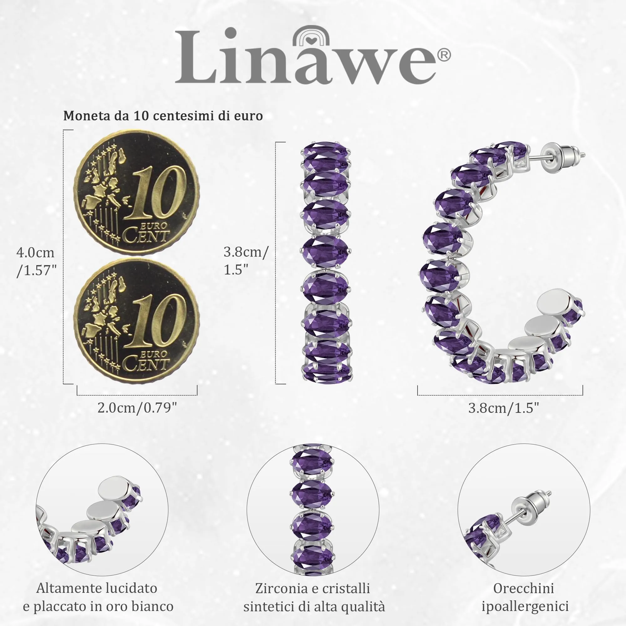 Linawe Orecchini in argento con ametista viola, orecchini fossili da appendere in argento, orecchini a cerchio grandi, orecchini in acciaio inossidabile da donna, gioielli di moda, ipoallergenici - immagine 4