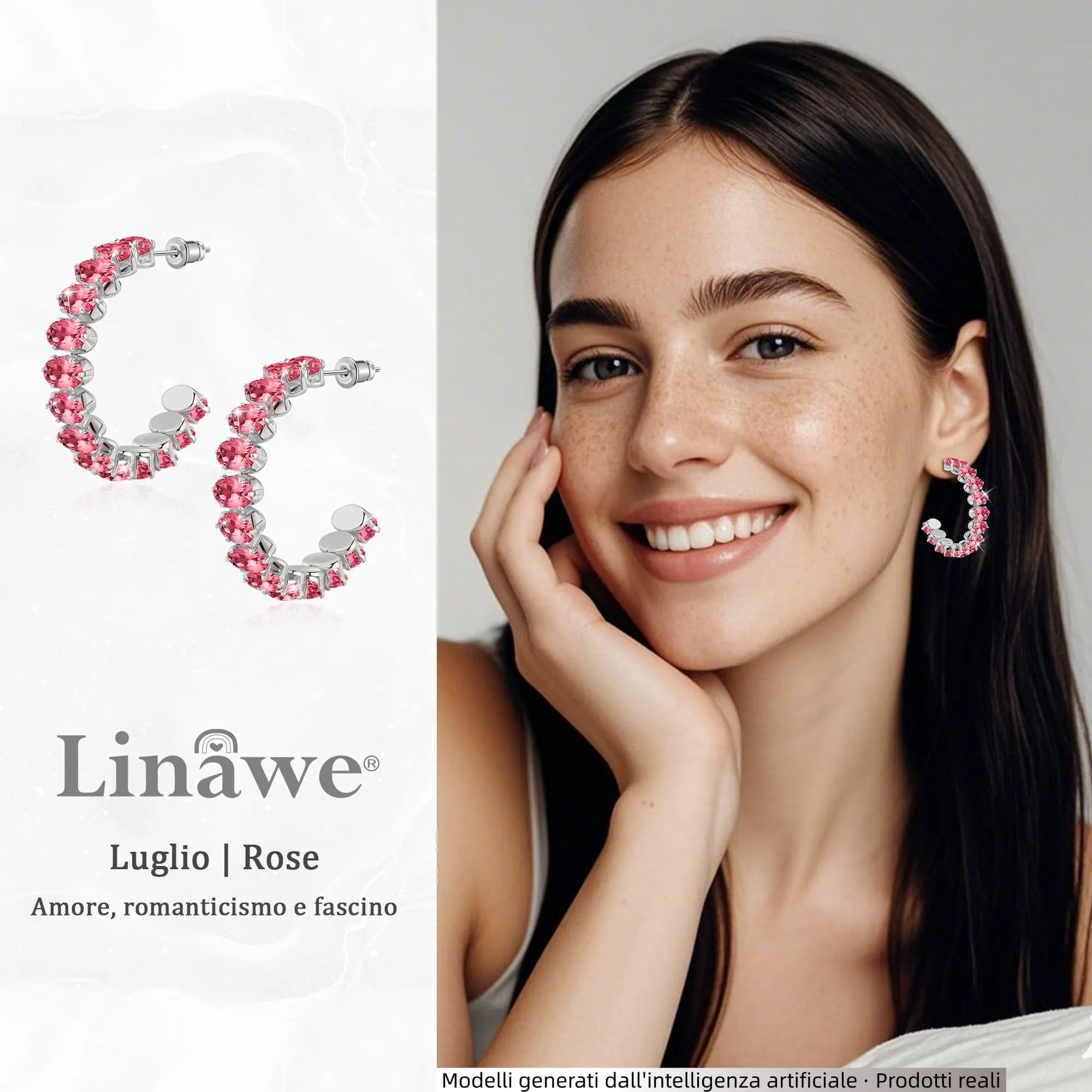 Linawe Orecchini rosa, orecchini in argento, orecchini a cerchio, grandi orecchini da donna in acciaio inossidabile, gioielli, orecchini ipoallergenici con pietra in oro bianco - immagine 2