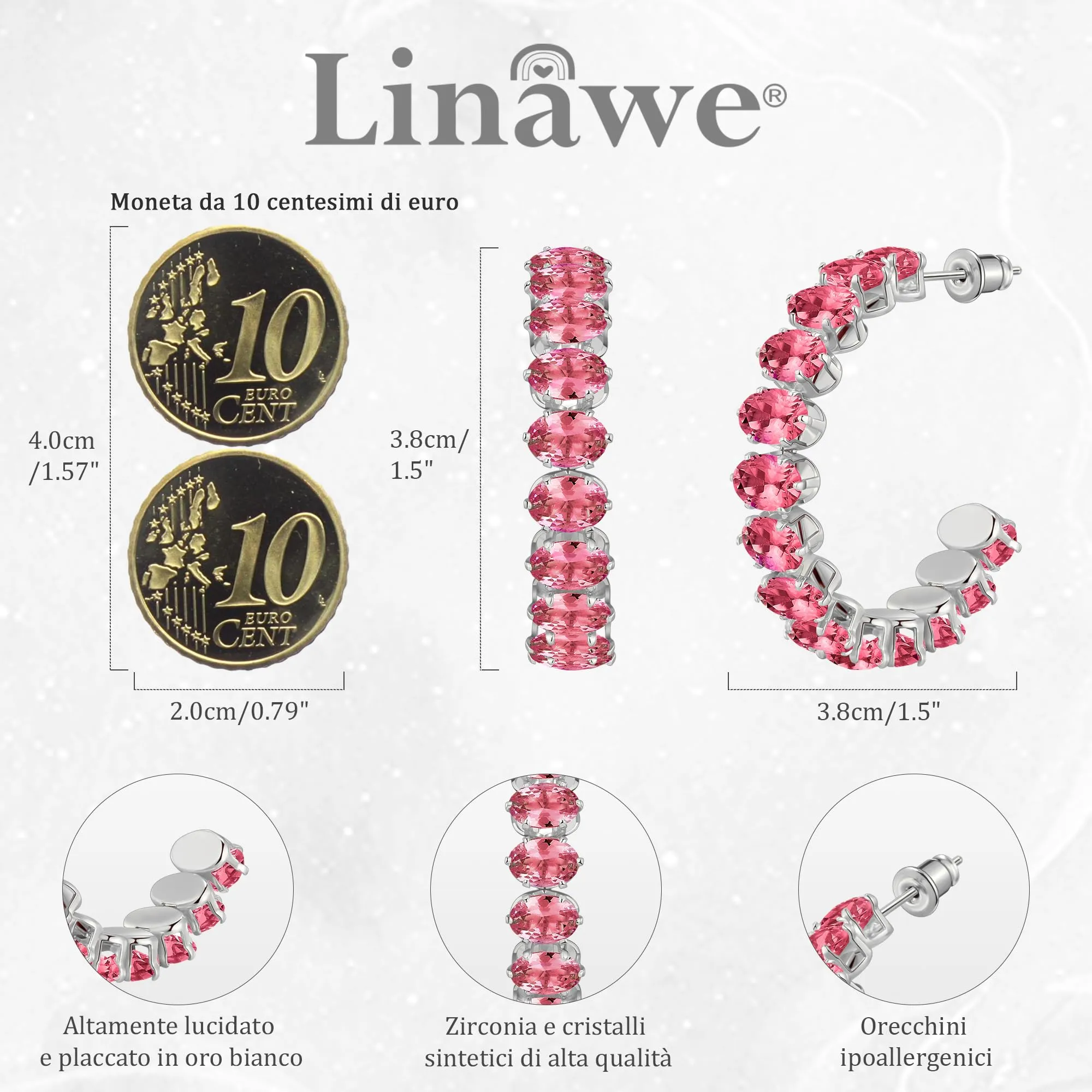 Linawe Orecchini rosa, orecchini in argento, orecchini a cerchio, grandi orecchini da donna in acciaio inossidabile, gioielli, orecchini ipoallergenici con pietra in oro bianco - immagine 4