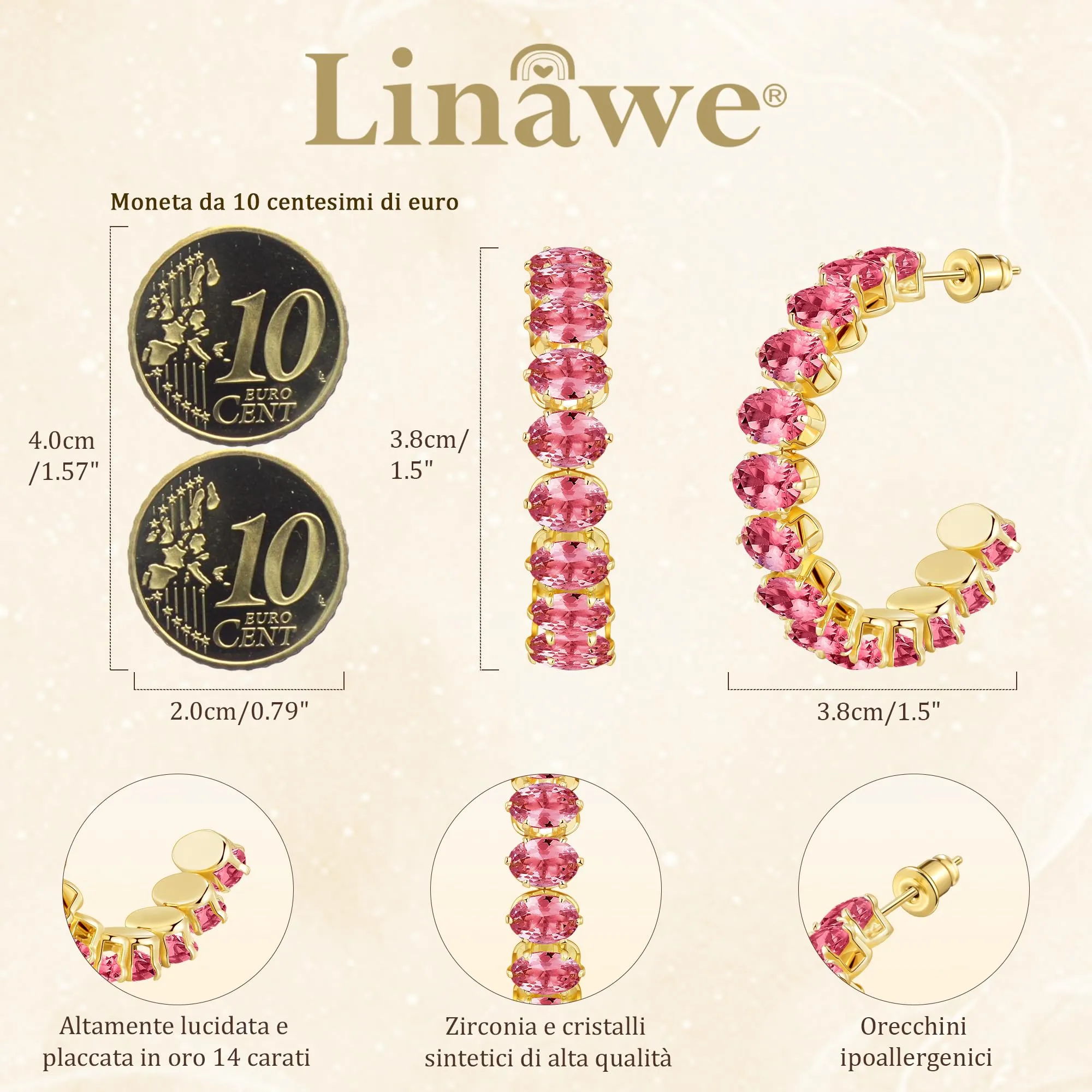 Linawe Orecchini a cerchio pendenti in oro rosa, Orecchini eleganti in acciaio inossidabile da donna, gioielli di moda, orecchini placcati in oro senza nichel - immagine 4
