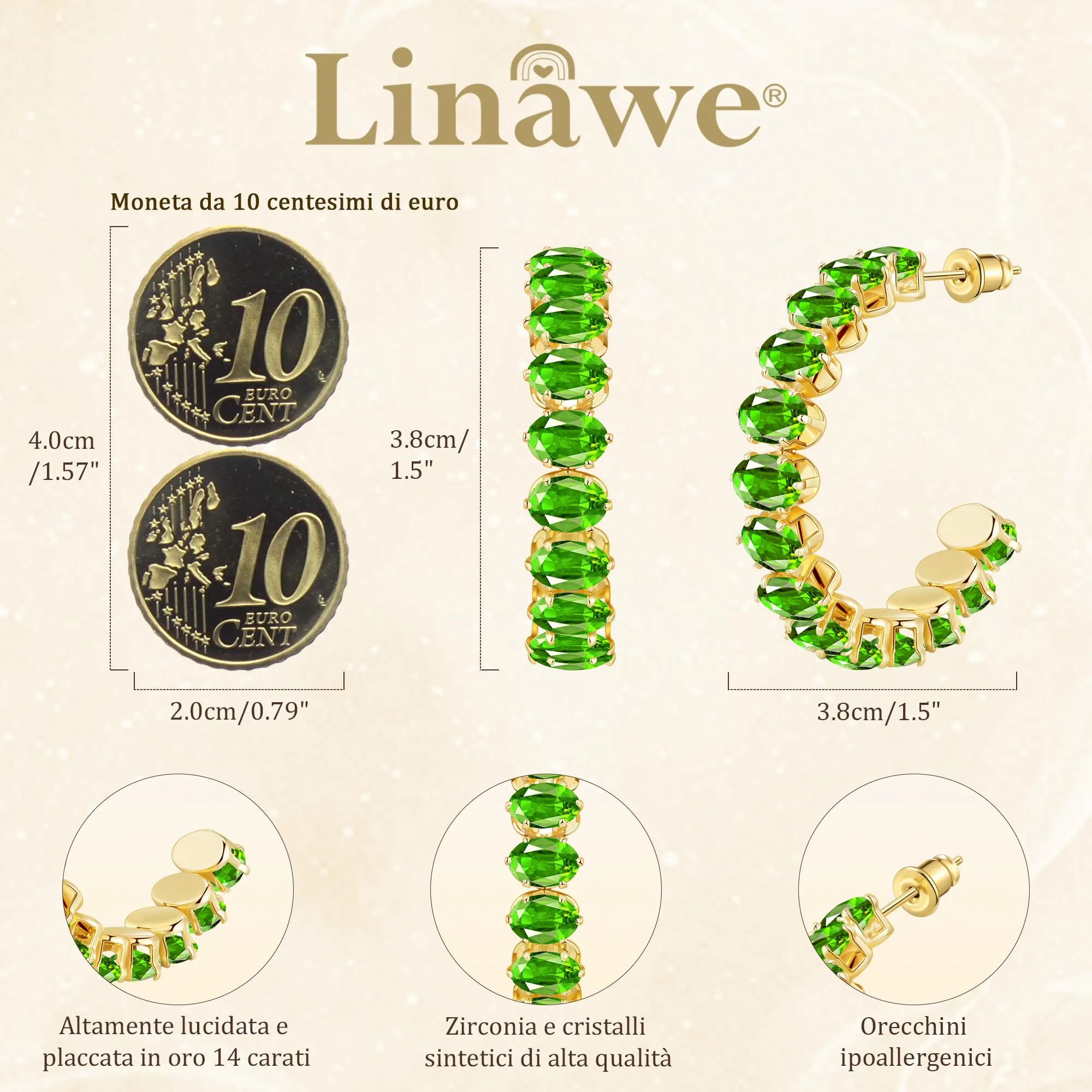 Linawe Orecchini a cerchio in oro con peridoto verde, orecchini fossili da donna, grandi orecchini in acciaio inossidabile, orecchini pendenti in oro alla moda ipoallergenici - immagine 4
