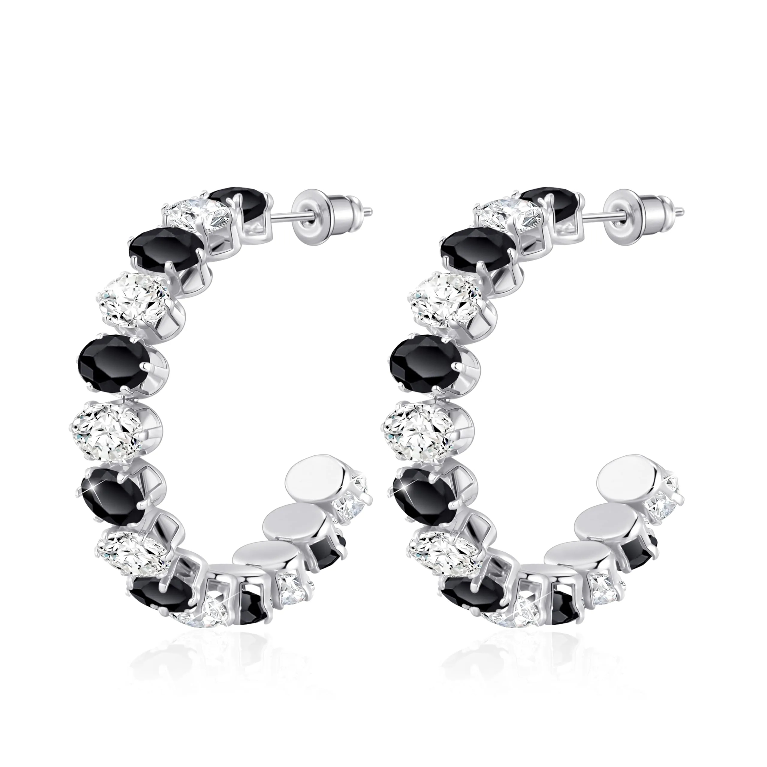Linawe Orecchini pendenti in argento nero, orecchini grandi, da donna in acciaio inossidabile, ipoallergenici con pietra, gioielli alla moda, oro bianco, orecchini a cerchio in argento, senza nichel - immagine 1