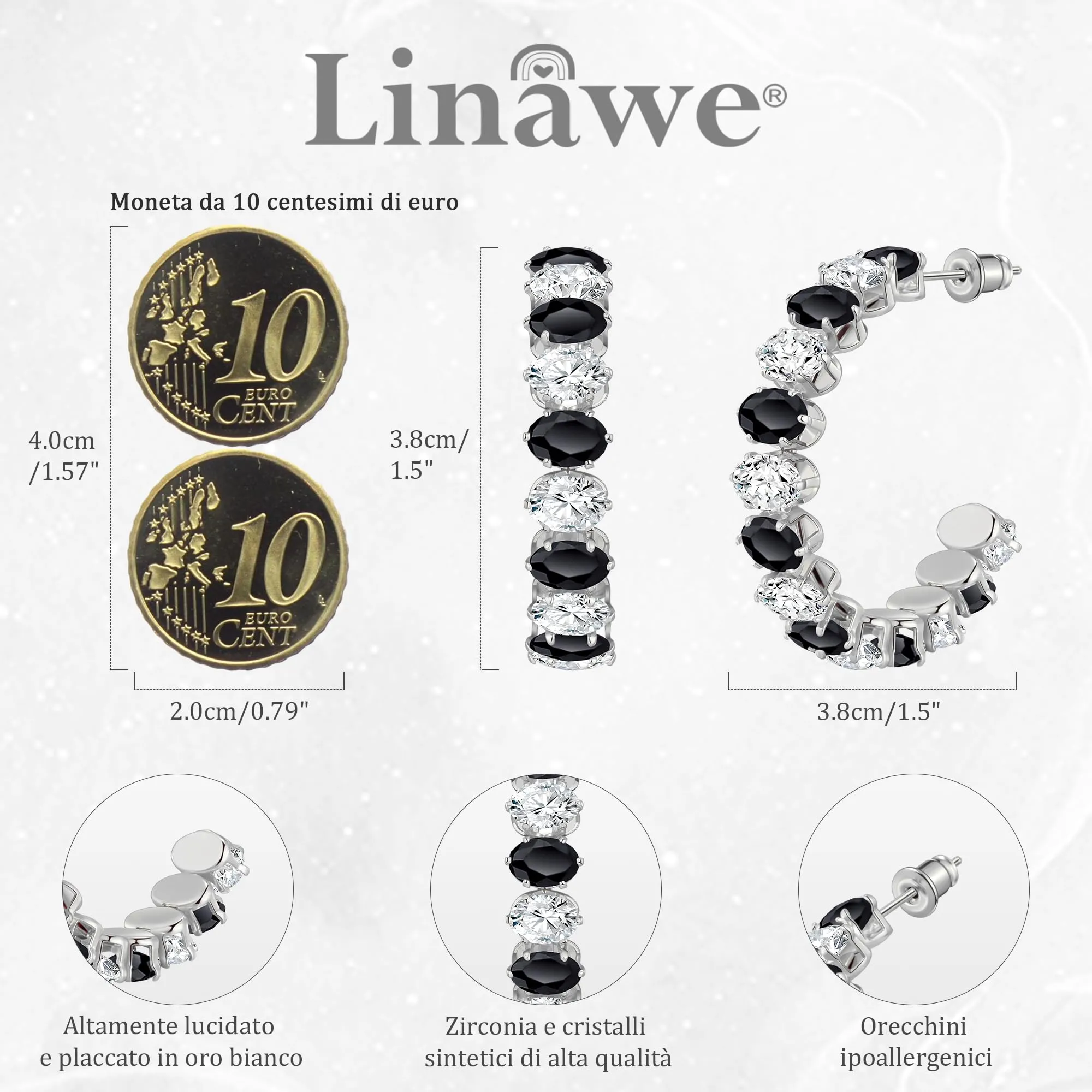 Linawe Orecchini pendenti in argento nero, orecchini grandi, da donna in acciaio inossidabile, ipoallergenici con pietra, gioielli alla moda, oro bianco, orecchini a cerchio in argento, senza nichel - immagine 4