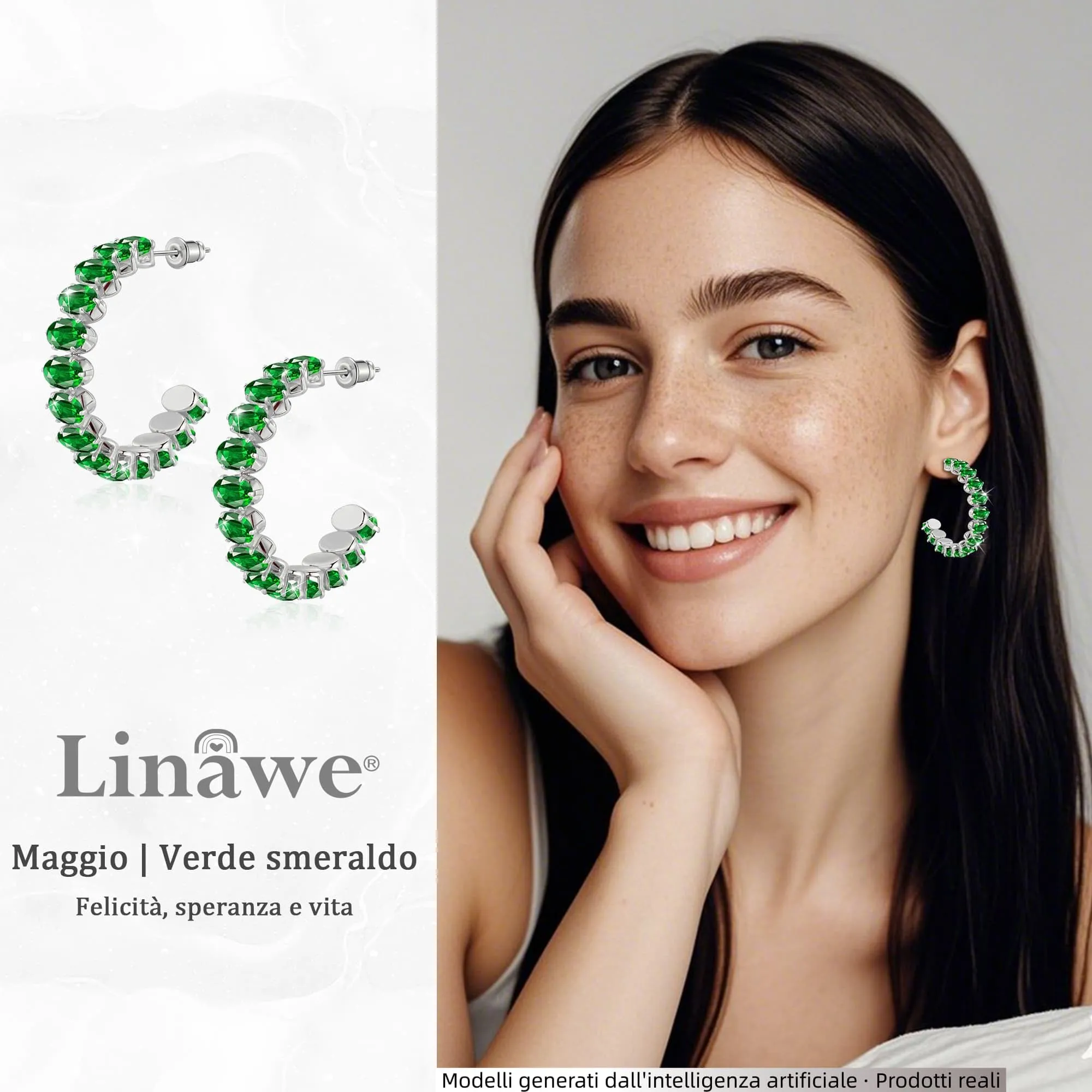 Linawe Orecchini a cerchio verde smeraldo gioielli in argento, orecchini pendenti in argento da donna, orecchini di tendenza orecchini ipoallergenici senza nichel orecchini in oro bianco - immagine 2