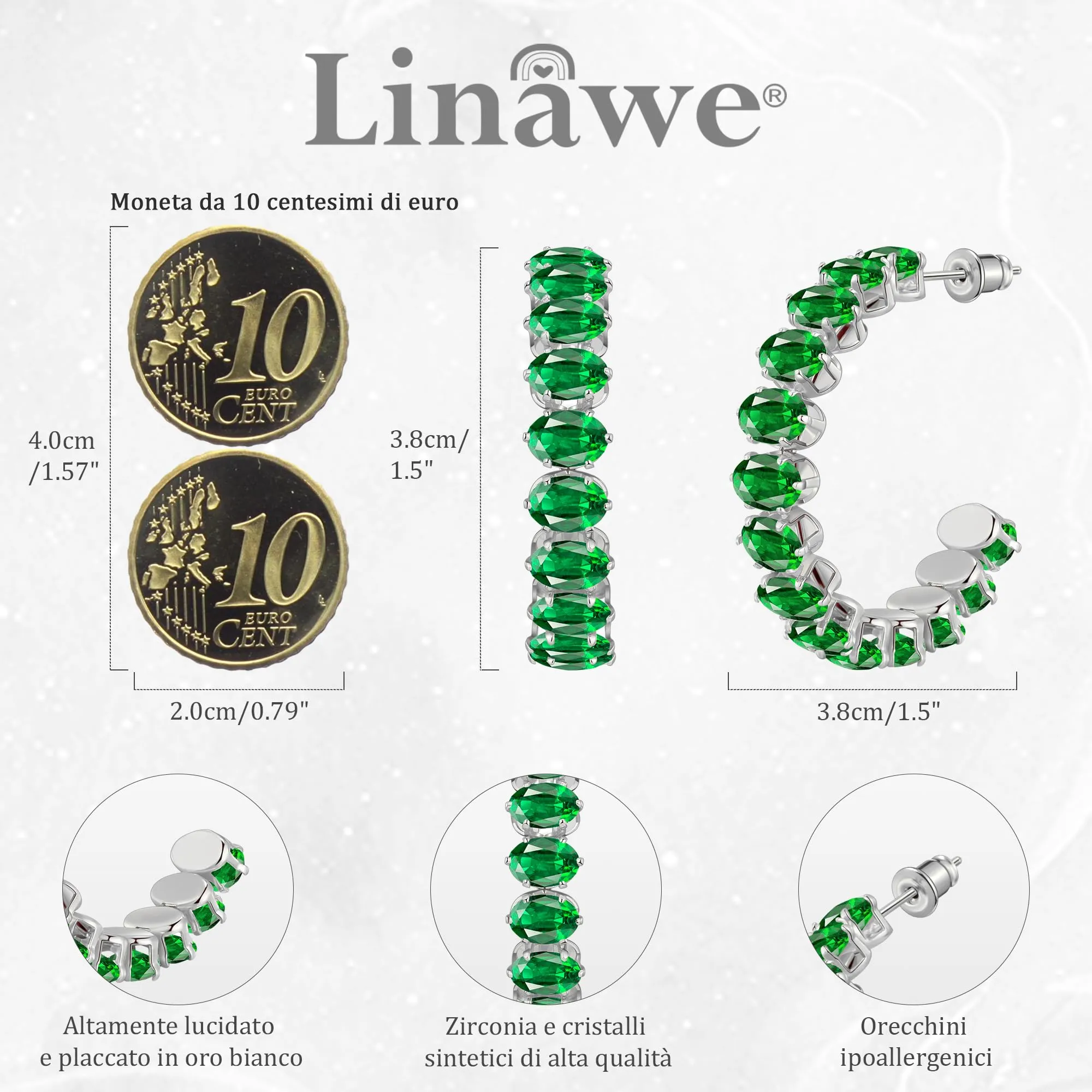 Linawe Orecchini a cerchio verde smeraldo gioielli in argento, orecchini pendenti in argento da donna, orecchini di tendenza orecchini ipoallergenici senza nichel orecchini in oro bianco - immagine 4