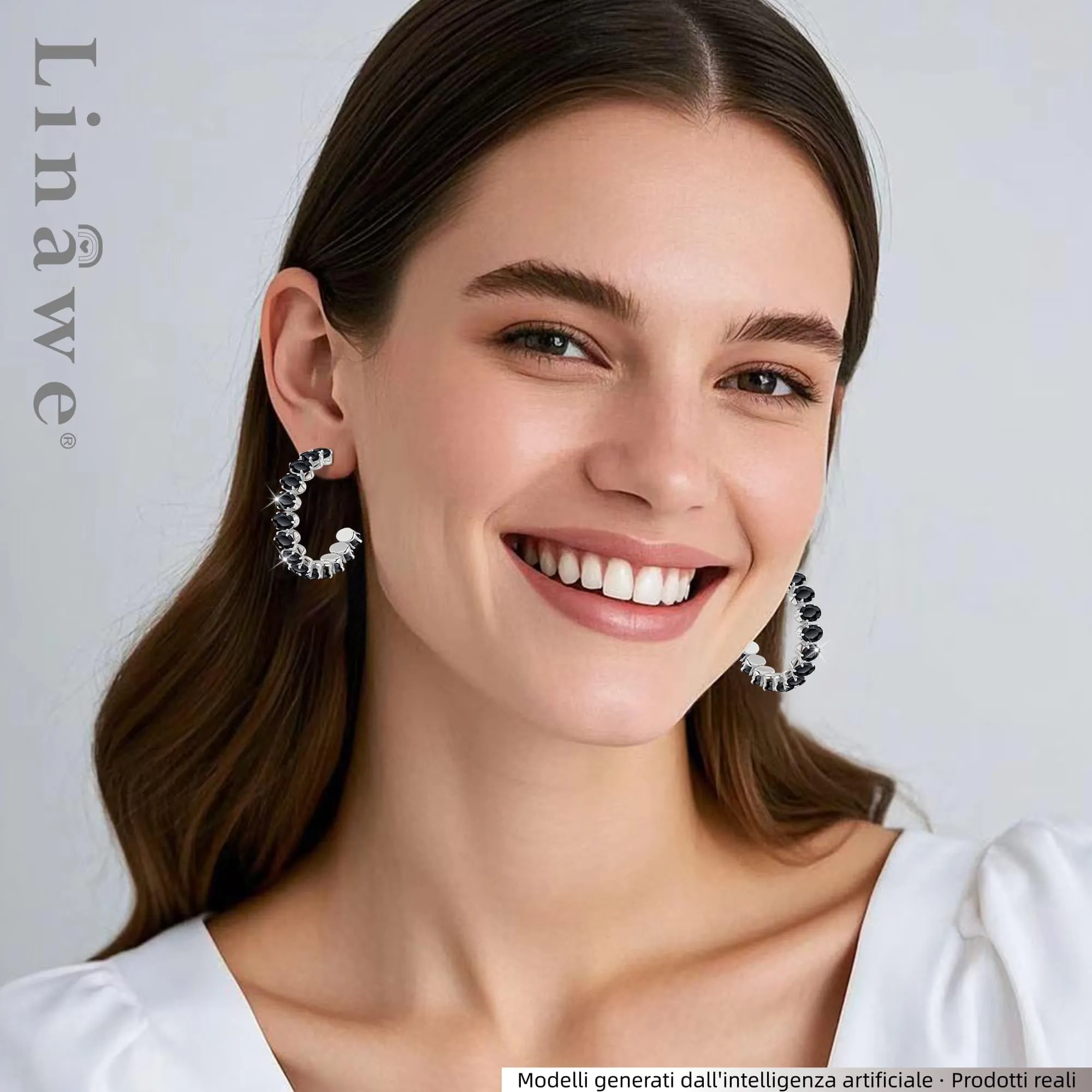 Linawe Orecchini a cerchio da donna neri in argento, grandi orecchini pendenti in argento, gioielli alla moda da donna in acciaio inossidabile con pietra, orecchini ipoallergenici senza nichel - immagine 3
