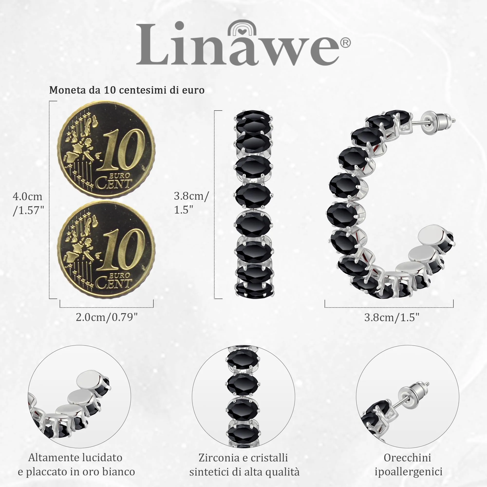 Linawe Orecchini a cerchio da donna neri in argento, grandi orecchini pendenti in argento, gioielli alla moda da donna in acciaio inossidabile con pietra, orecchini ipoallergenici senza nichel - immagine 4