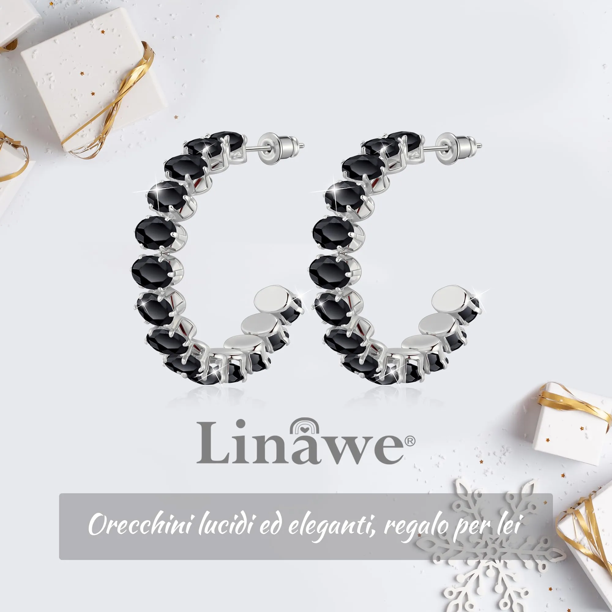 Linawe Orecchini a cerchio da donna neri in argento, grandi orecchini pendenti in argento, gioielli alla moda da donna in acciaio inossidabile con pietra, orecchini ipoallergenici senza nichel - immagine 5