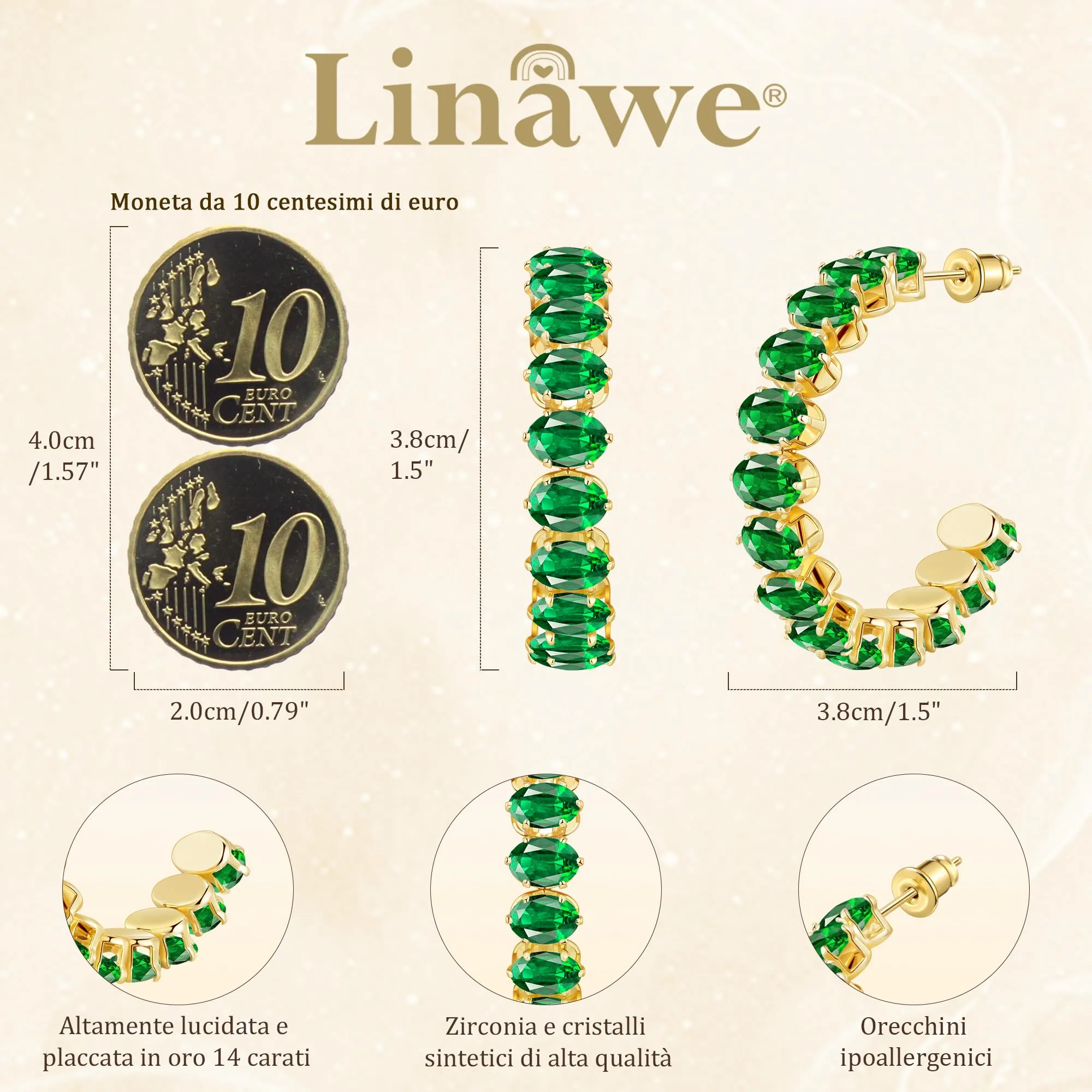 Linawe Orecchini a cerchio in oro verde smeraldo, gioielli grandi, orecchini fossili da donna pendenti in oro, acciaio inossidabile, placcati in oro con pietra - immagine 4