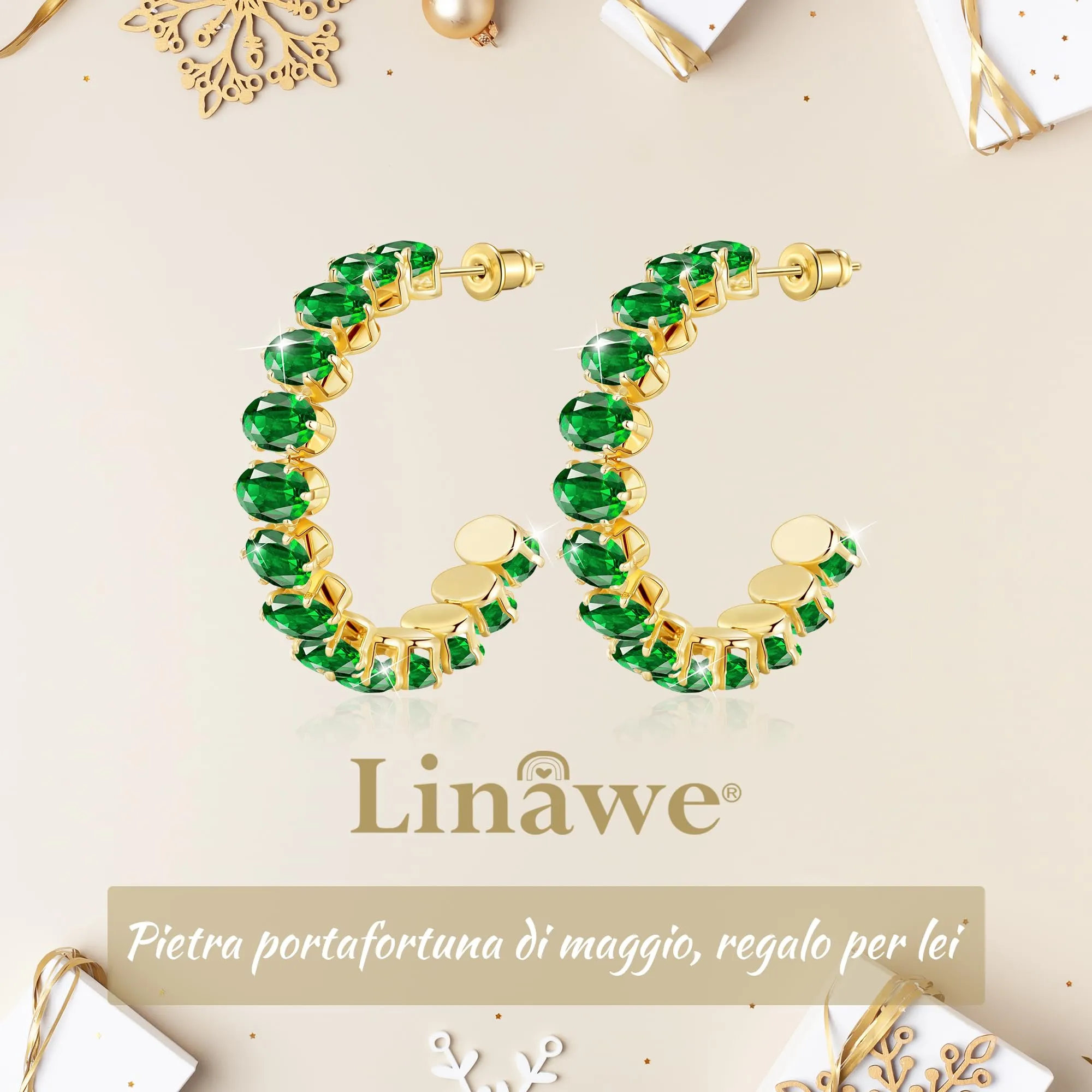 Linawe Orecchini a cerchio in oro verde smeraldo, gioielli grandi, orecchini fossili da donna pendenti in oro, acciaio inossidabile, placcati in oro con pietra - immagine 5