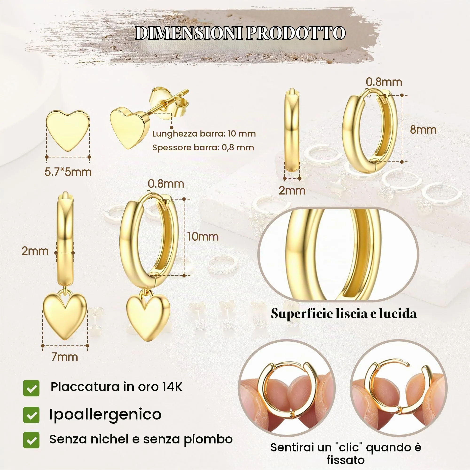 Dochais 3 Paia Set Orecchini Donna Cerchio Oro Color Orecchini Placcato Oro 14K Ipoallergenico Orecchini a Cerchio Piccoli Small Hoop Earrings Cartilagine Trago Helix Piercing Orecchino Donna Ragazze - immagine 2