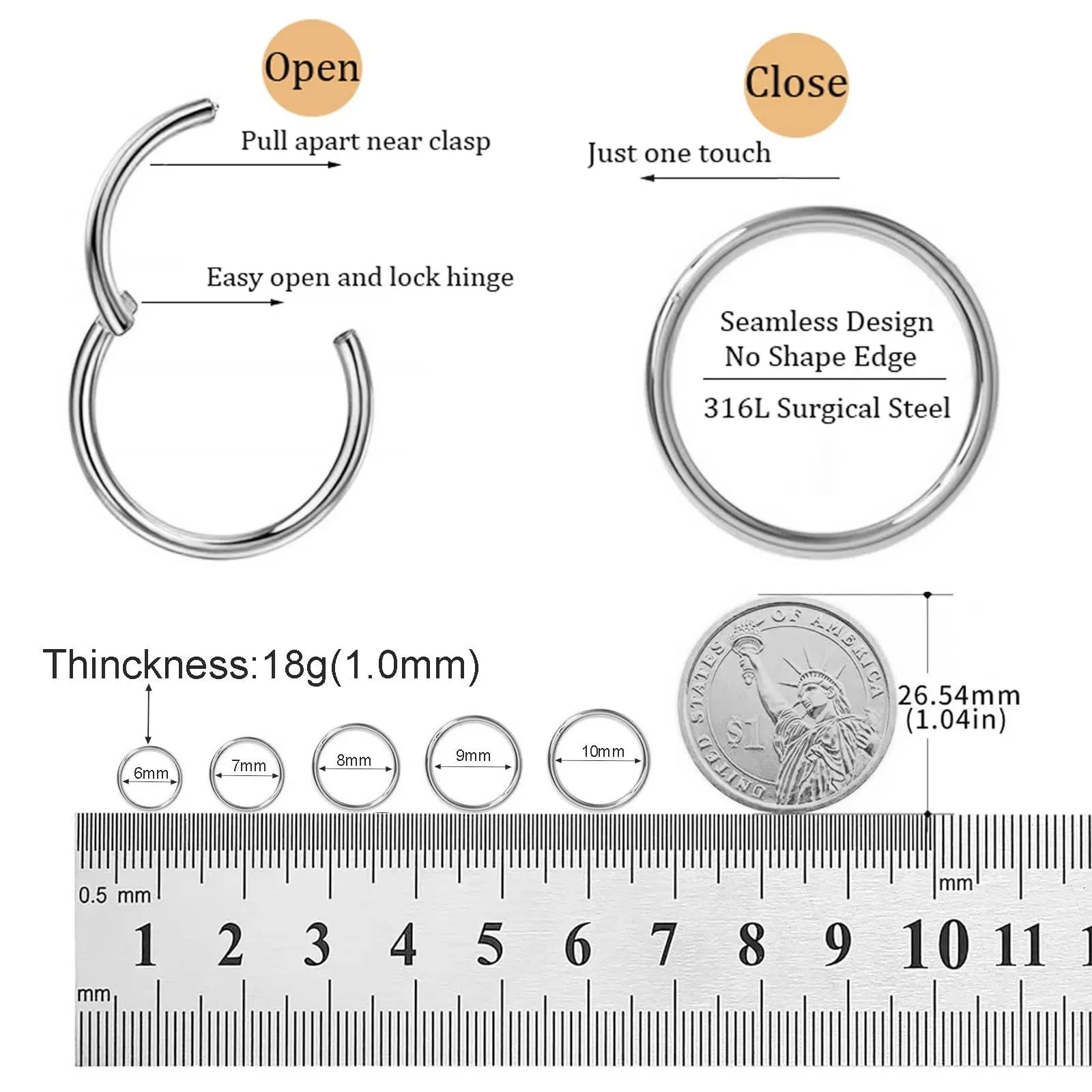 DAILI Anello da naso in titanio oro, 18G, gioielli per piercing al naso in argento, piccoli orecchini a cerchio, helix, trago, cartilagine, conch, daith, setto nasale, labbra, piercing per donne e - immagine 3