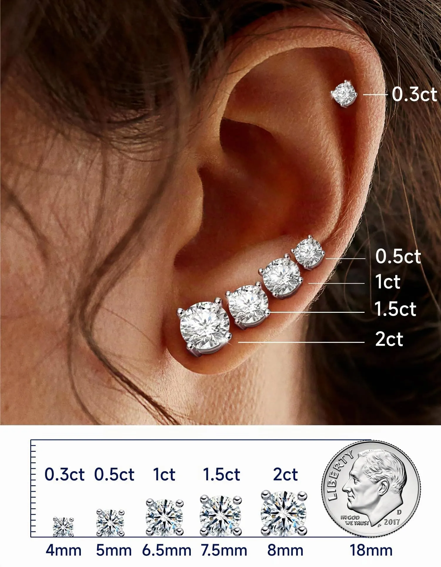 MomentWish Orecchini Moissanite Punto Luce Argento 925 6,5mm Uomo Donna - immagine 2