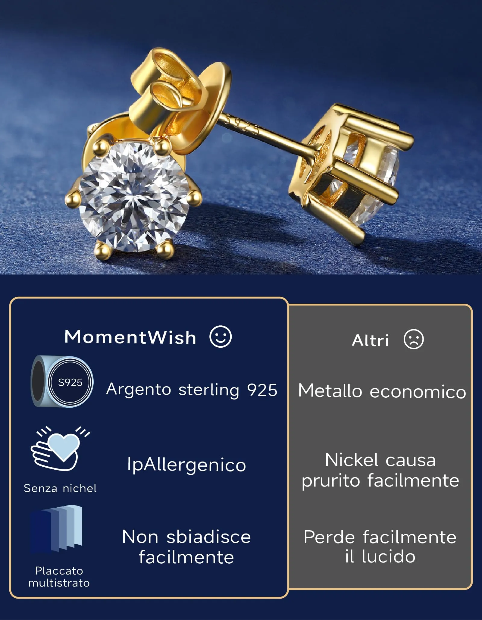 MomentWish Orecchini Punto Luce Moissanite Oro Giallo 6,5mm Donna Uomo - immagine 5