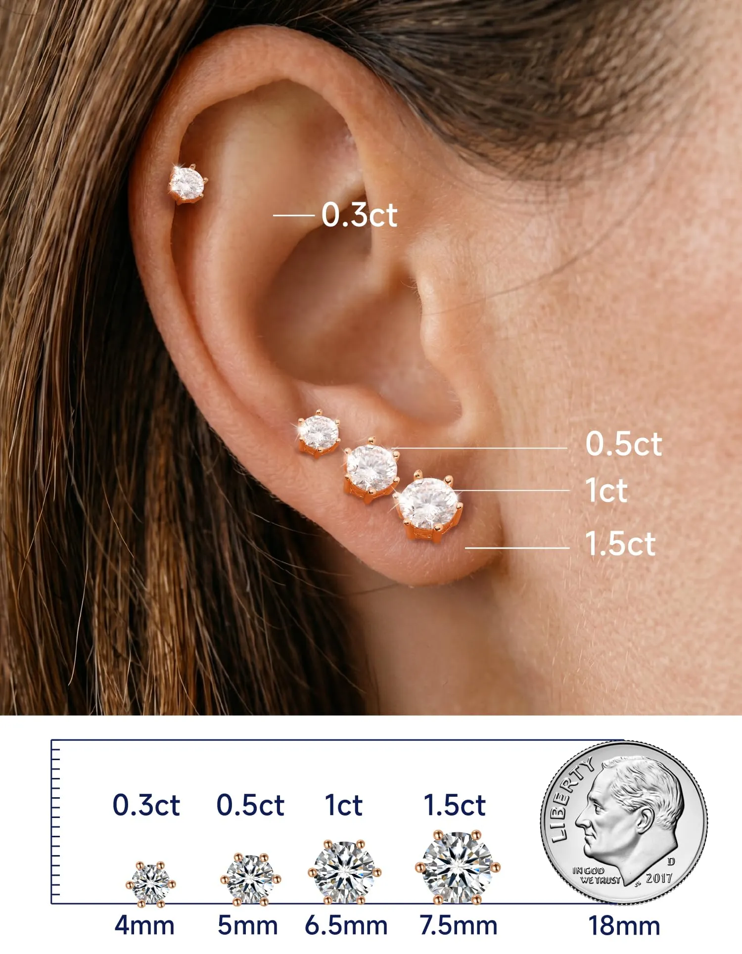 MomentWish Orecchini Punto Luce Moissanite Oro Rosa 6,5mm Donna Uomo - immagine 3