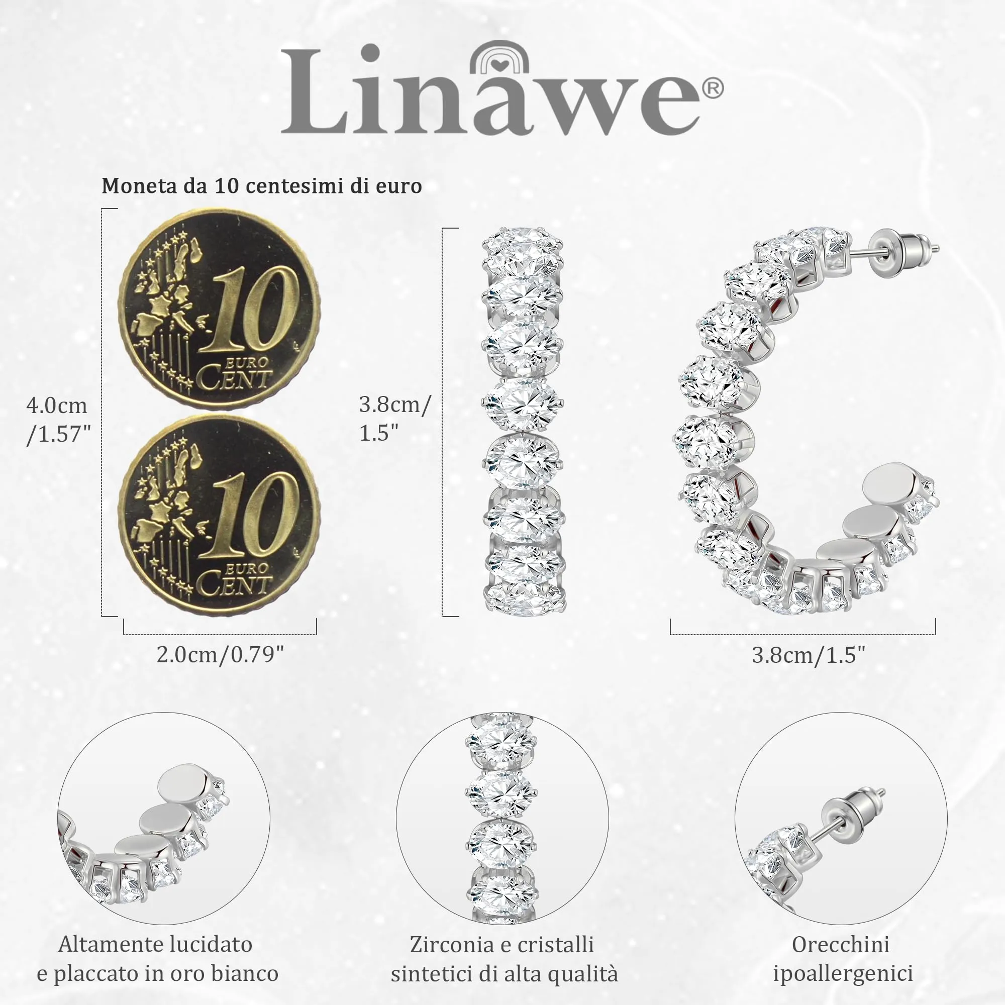 Linawe Orecchini a cerchio in argento, Orecchini eleganti in acciaio inossidabile da donna, Orecchini a cerchio grandi gioielli, Orecchini da appendere - immagine 4