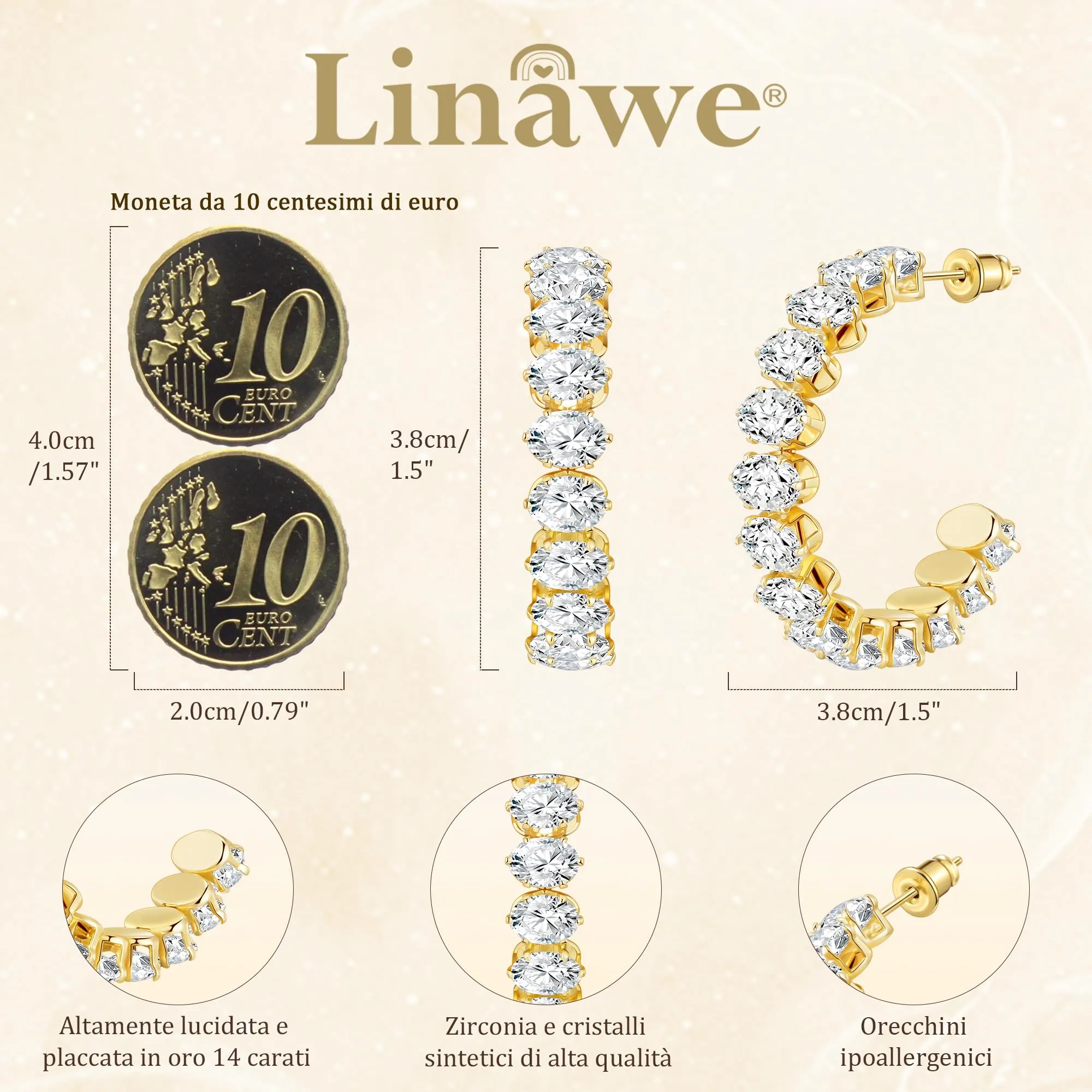Linawe Orecchini a cerchio, grandi orecchini dorati con pietra, in acciaio inossidabile, da donna, placcati in oro, gioielli alla moda di tendenza - immagine 4