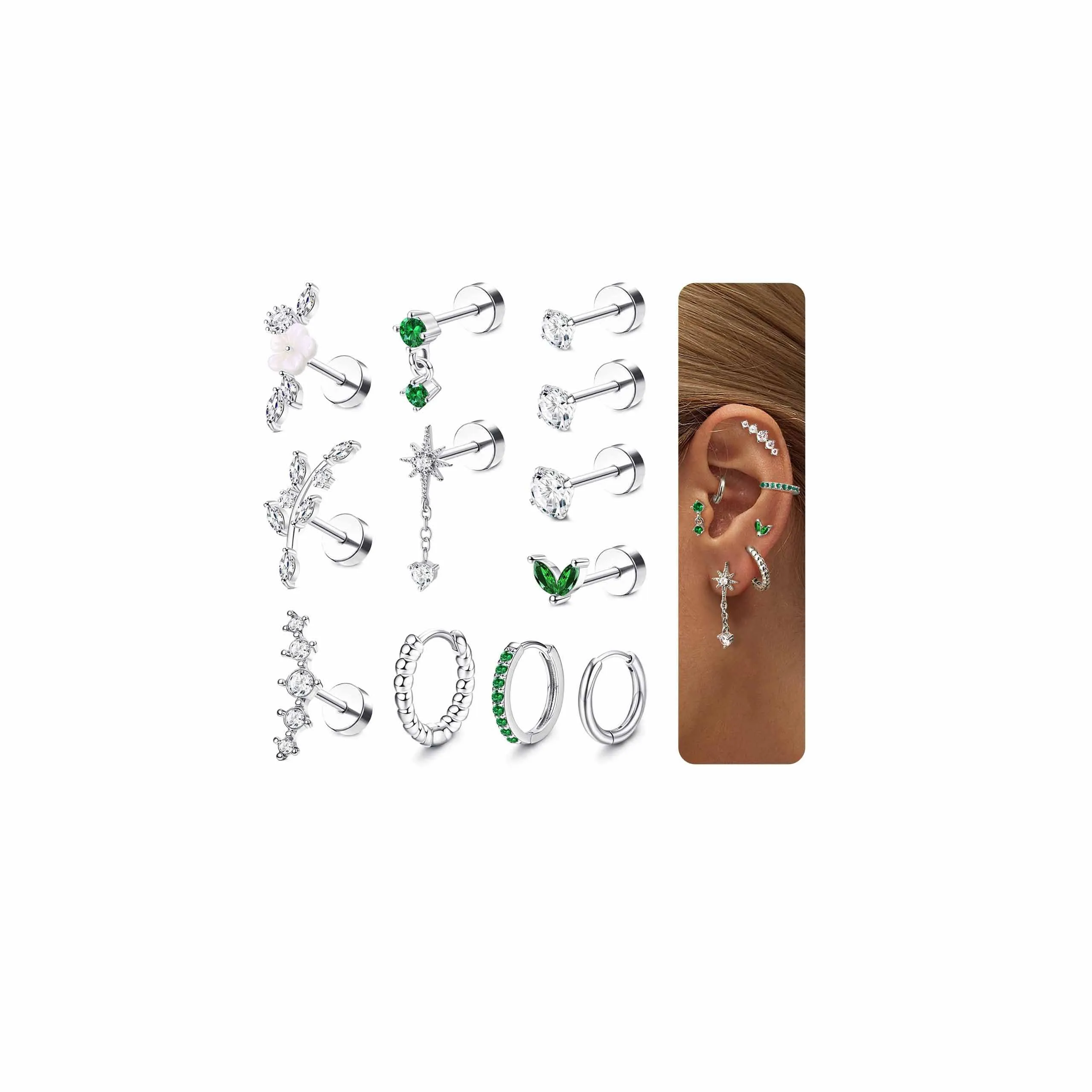 Adramata 12Pcs 16G Piercing Orecchio Acciaio Inossidabile Set Donna - immagine 1