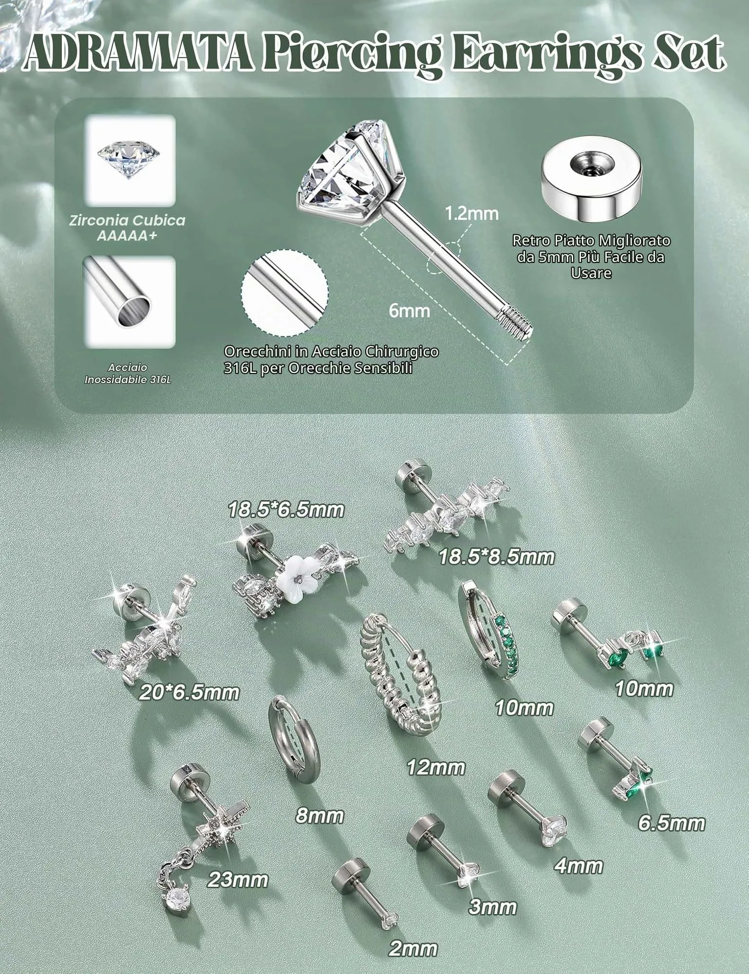 Adramata 12Pcs 16G Piercing Orecchio Acciaio Inossidabile Set Donna - immagine 3