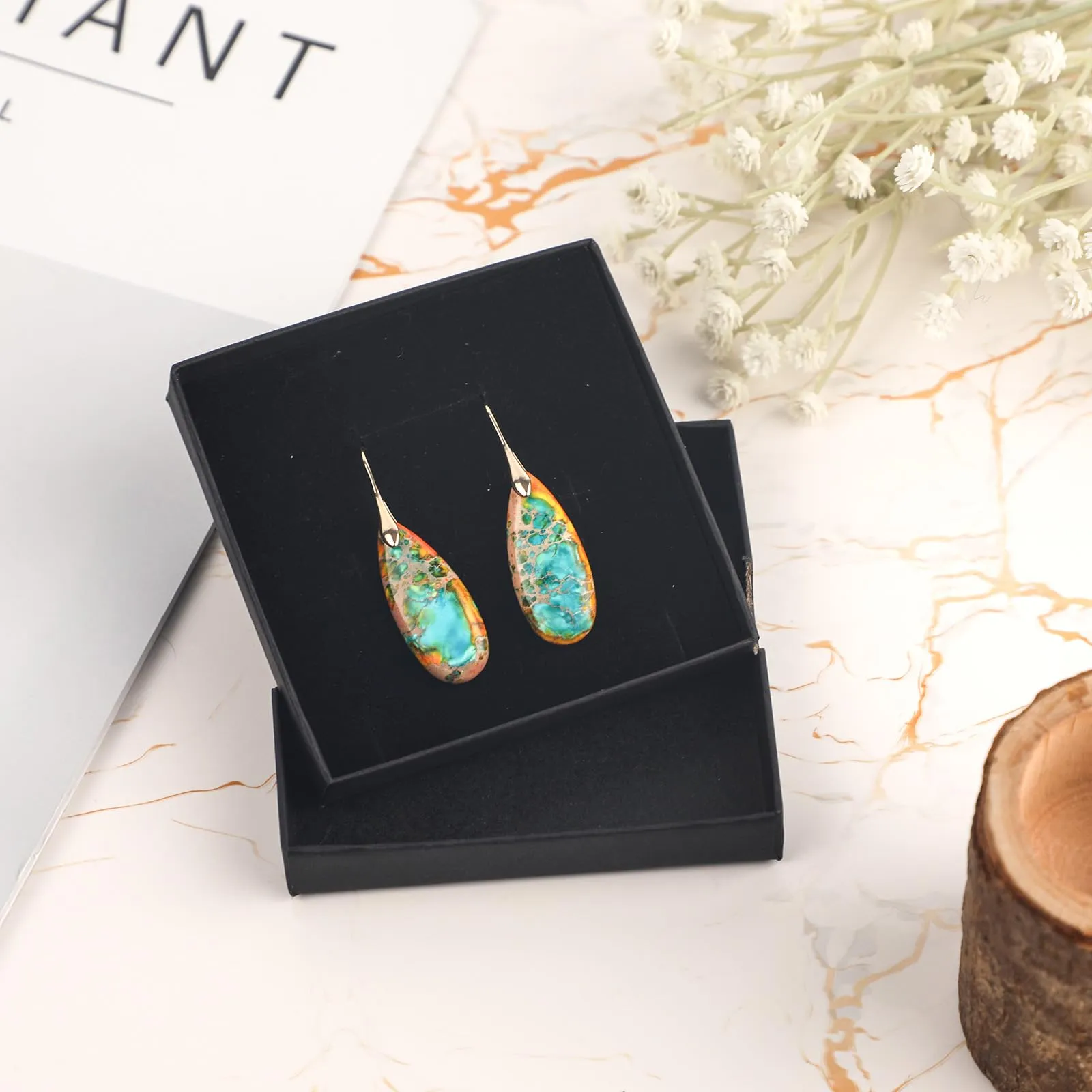 2 Pezzi Orecchini con Pietre Curative, Orecchini Pendenti a Cerchio Decorazione per Orecchie con Ciondolo in Pietra Gioielli Alla Moda per Donna (Arancione Blu) - immagine 3