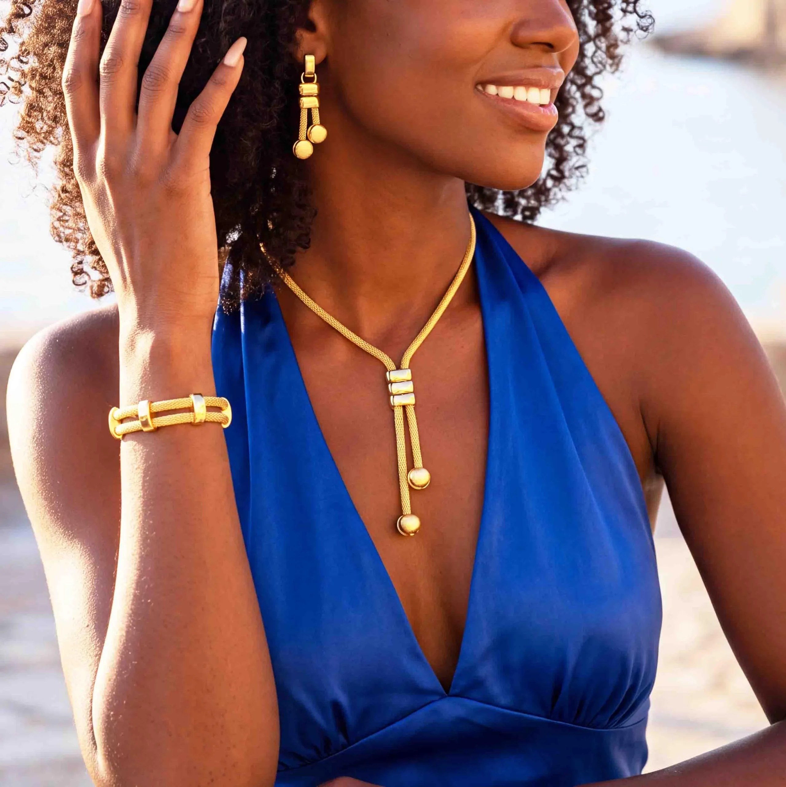 Fashband Set di collane girocollo lunghe dorate punk cubane e braccialetto alla moda catena gioielli accessori per le donne, Misura unica, /, Nessuna pietra preziosa - immagine 3