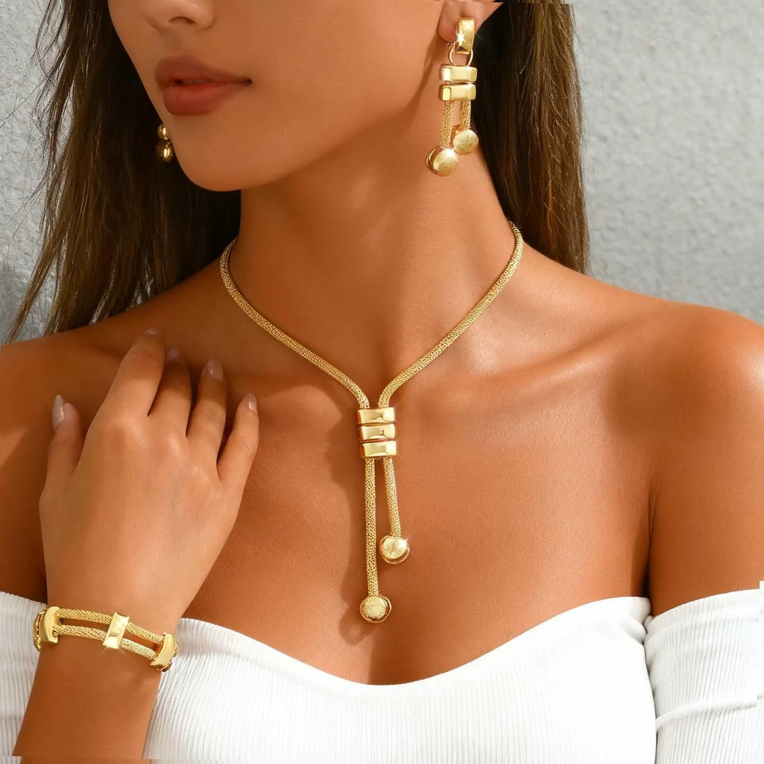 Fashband Set di collane girocollo lunghe dorate punk cubane e braccialetto alla moda catena gioielli accessori per le donne, Misura unica, /, Nessuna pietra preziosa - immagine 5