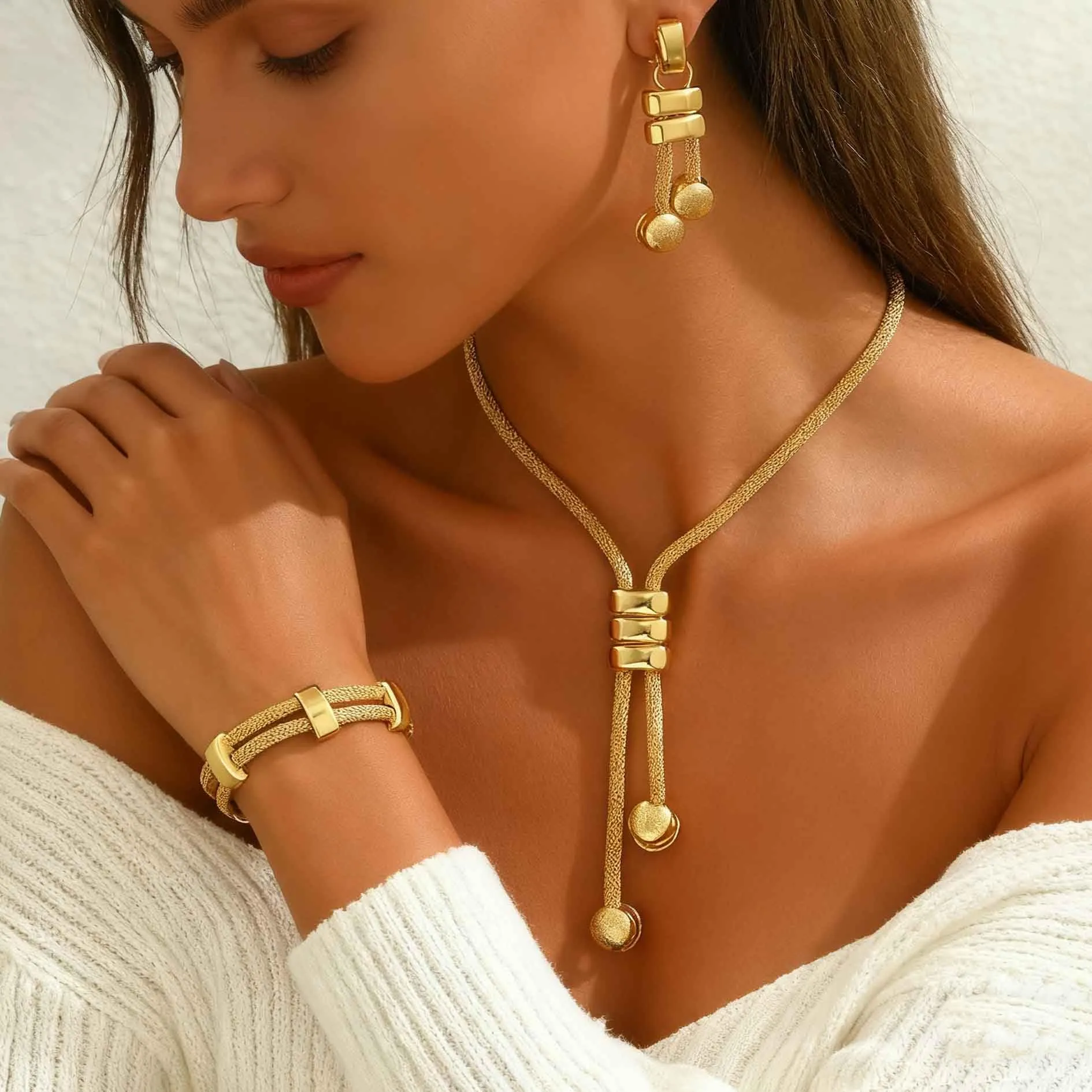 Fashband Set di collane girocollo lunghe dorate punk cubane e braccialetto alla moda catena gioielli accessori per le donne, Misura unica, /, Nessuna pietra preziosa - immagine 7
