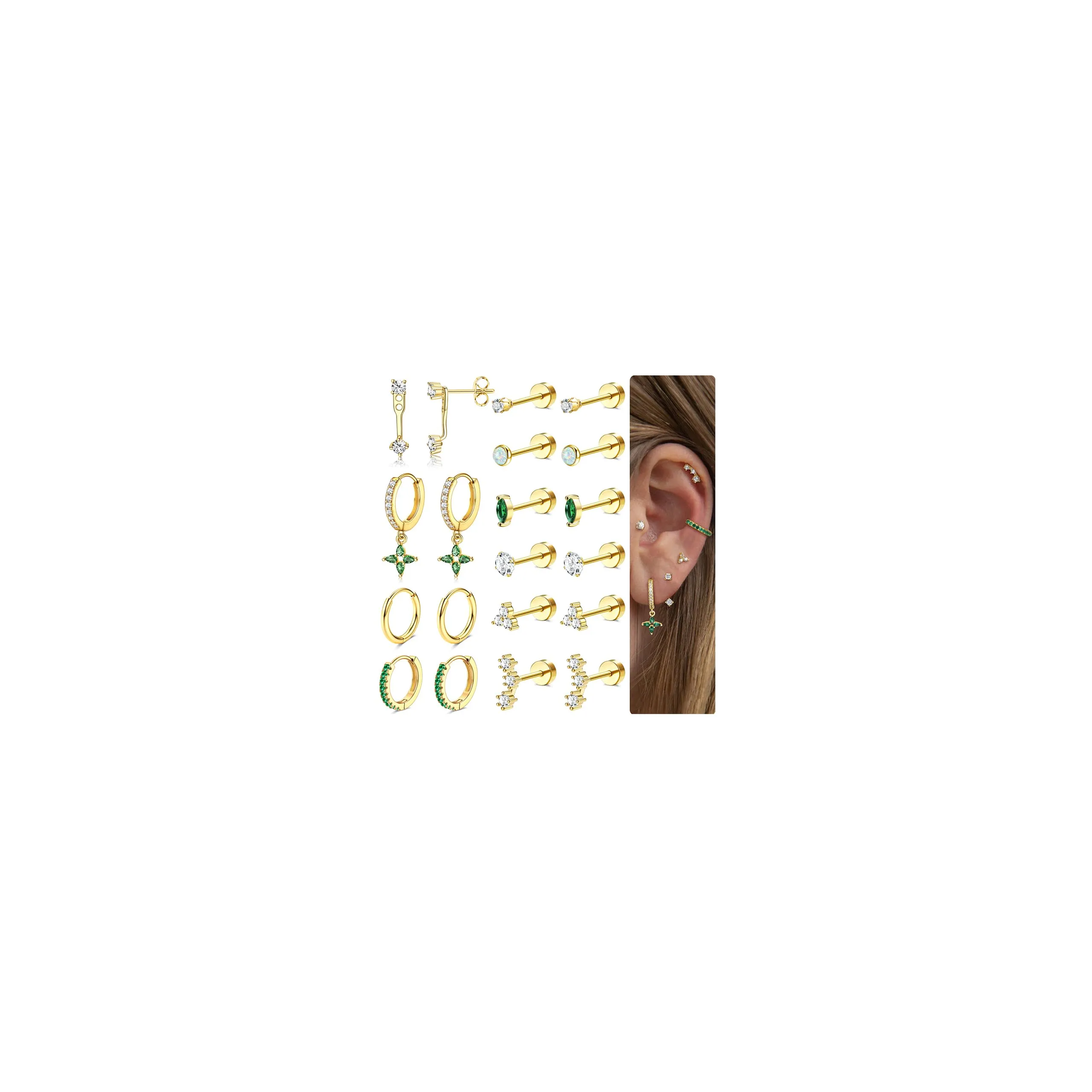 Roheafer 10 Paia Orecchini Donna Acciaio Inossidabile, Set Orecchini a Lobo Piatto & Cerchietti per Piercing Multipli (Cartilagine/Helix/Trago) - immagine 1