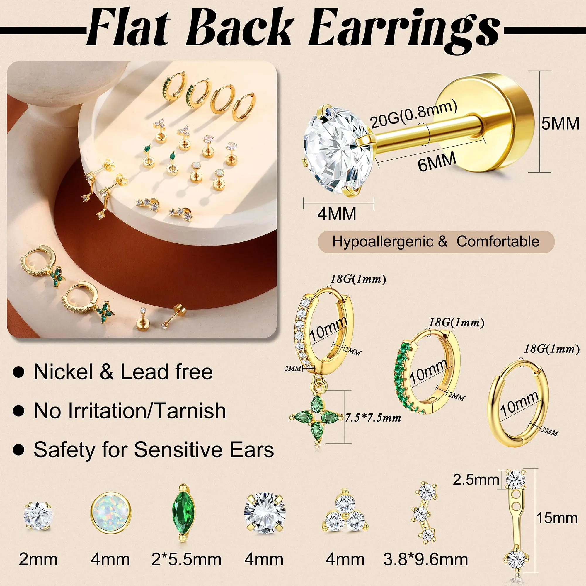 Roheafer 10 Paia Orecchini Donna Acciaio Inossidabile, Set Orecchini a Lobo Piatto & Cerchietti per Piercing Multipli (Cartilagine/Helix/Trago) - immagine 2