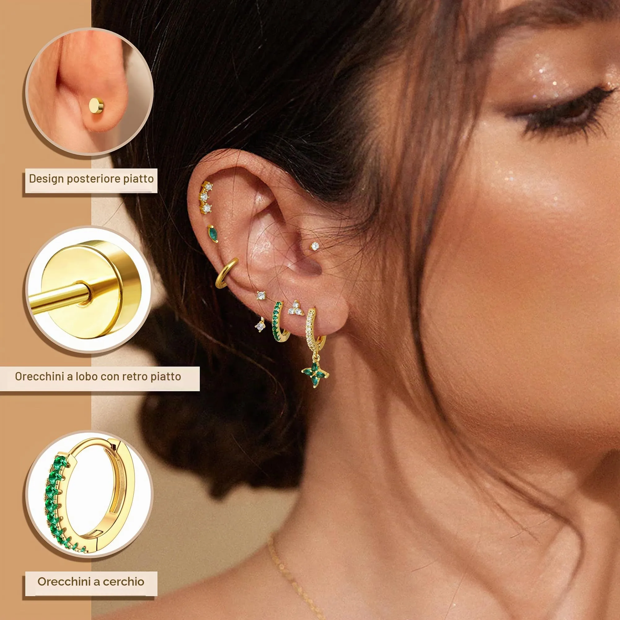 Roheafer 10 Paia Orecchini Donna Acciaio Inossidabile, Set Orecchini a Lobo Piatto & Cerchietti per Piercing Multipli (Cartilagine/Helix/Trago) - immagine 3