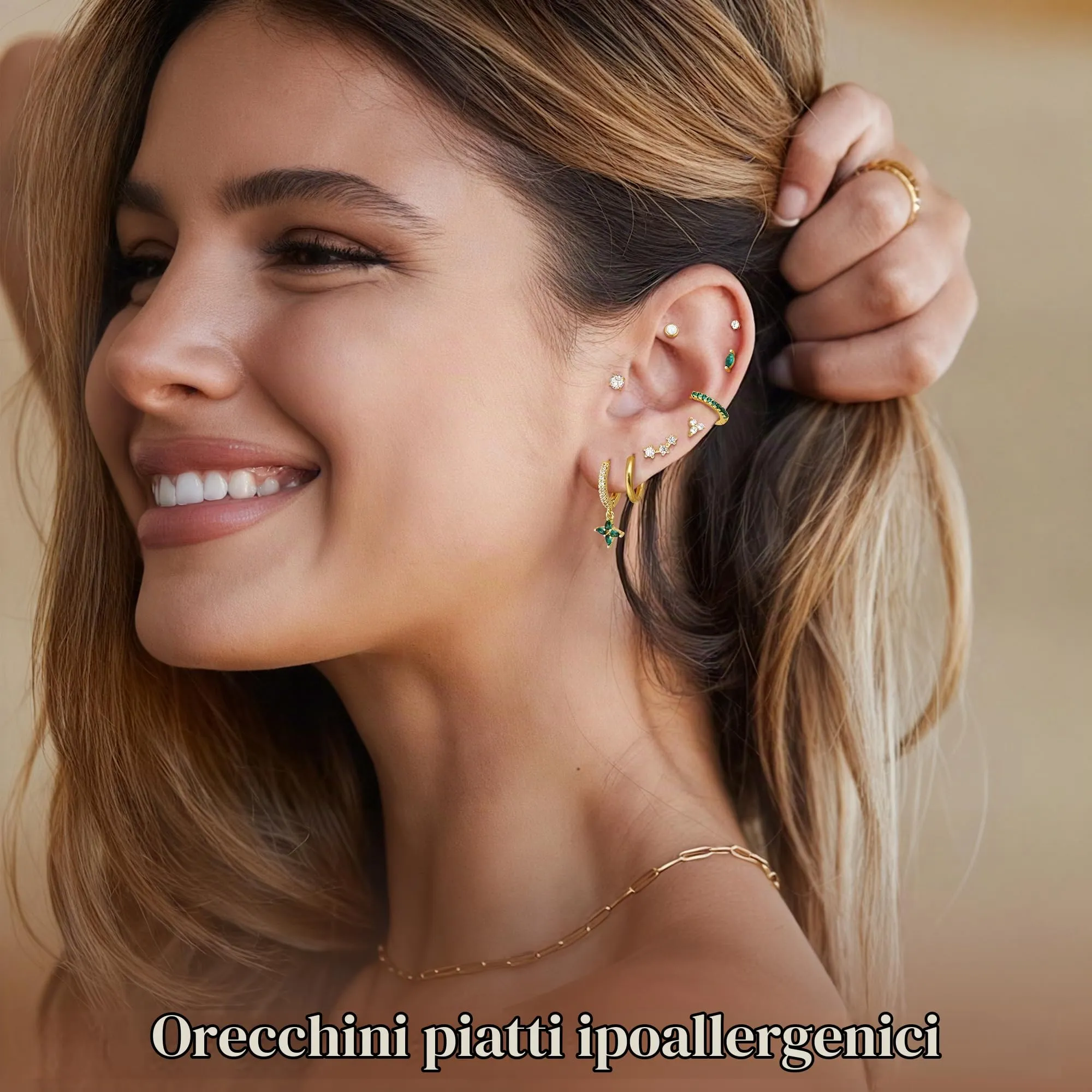 Roheafer 10 Paia Orecchini Donna Acciaio Inossidabile, Set Orecchini a Lobo Piatto & Cerchietti per Piercing Multipli (Cartilagine/Helix/Trago) - immagine 4