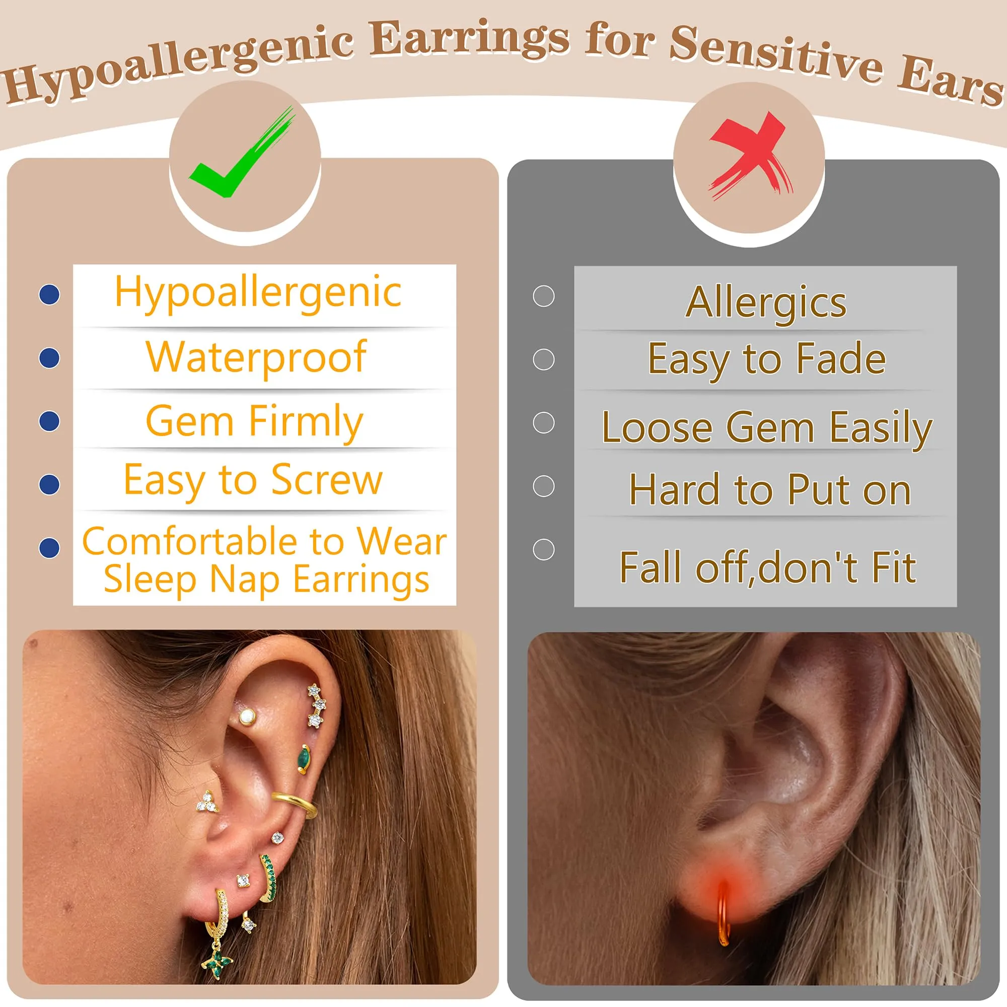 Roheafer 10 Paia Orecchini Donna Acciaio Inossidabile, Set Orecchini a Lobo Piatto & Cerchietti per Piercing Multipli (Cartilagine/Helix/Trago) - immagine 5