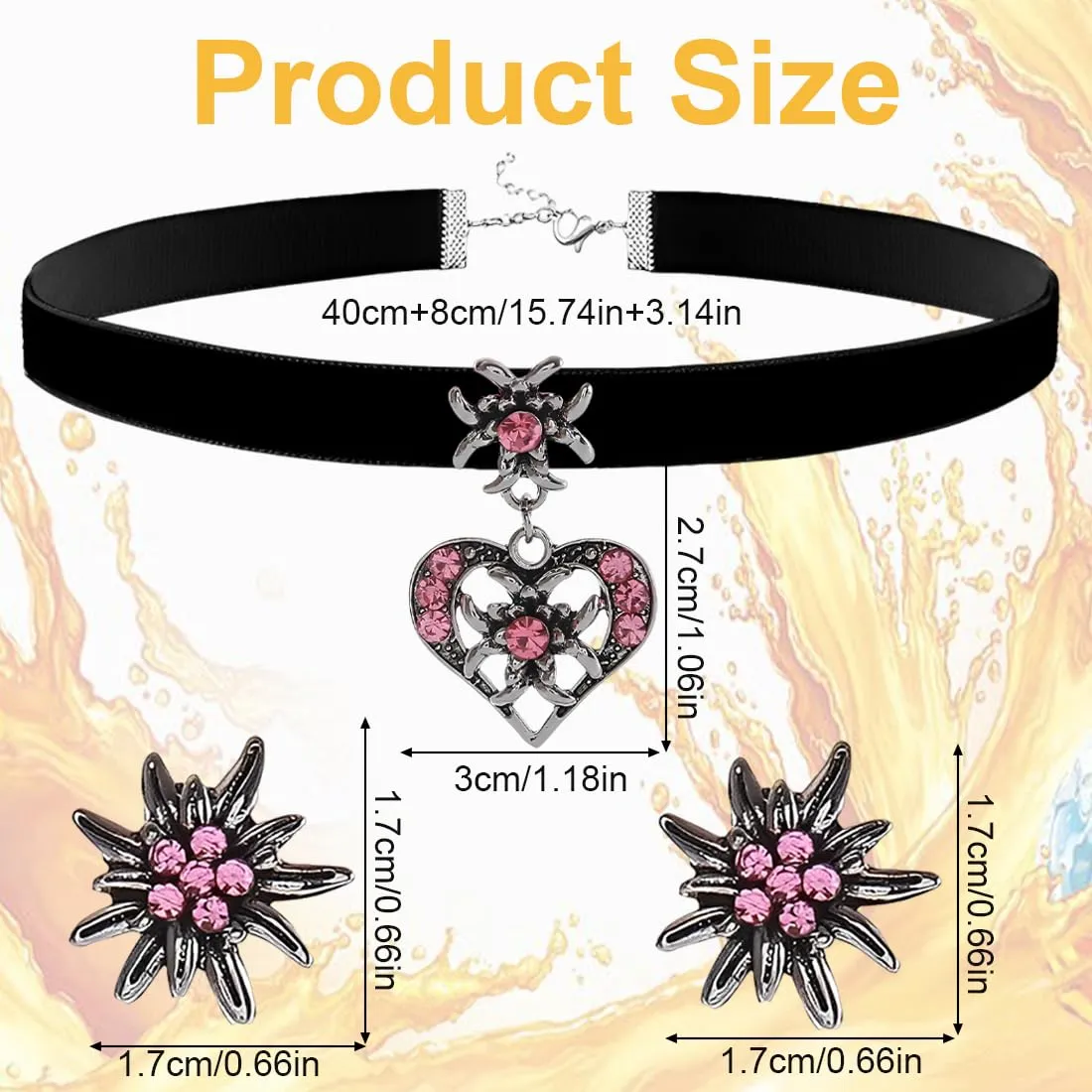 ZORVUJI Set di Gioielli Tradizionali per Donna con Collana di Velluto e Orecchini Edelweiss - Accessori per Dirndl e Oktoberfest (Rosa) - immagine 2