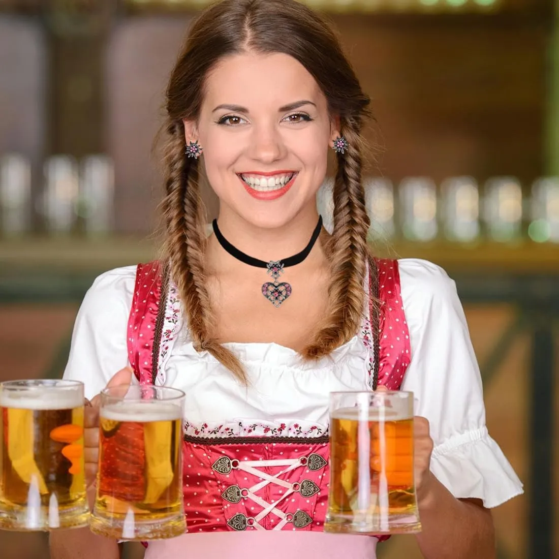 ZORVUJI Set di Gioielli Tradizionali per Donna con Collana di Velluto e Orecchini Edelweiss - Accessori per Dirndl e Oktoberfest (Rosa) - immagine 5