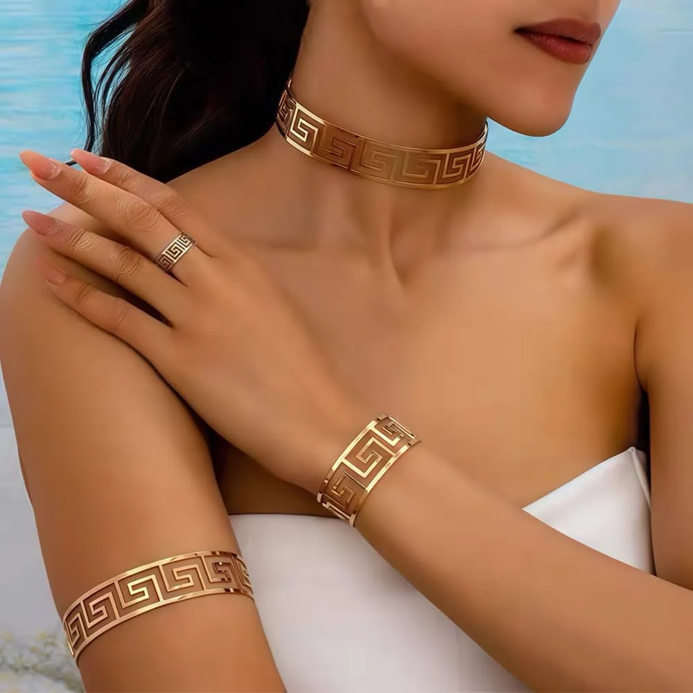 XFSRG Parure Gioielli Donna Oro Greco Design Elegante Set Collana e Orecchini per Occasioni Speciali - immagine 4