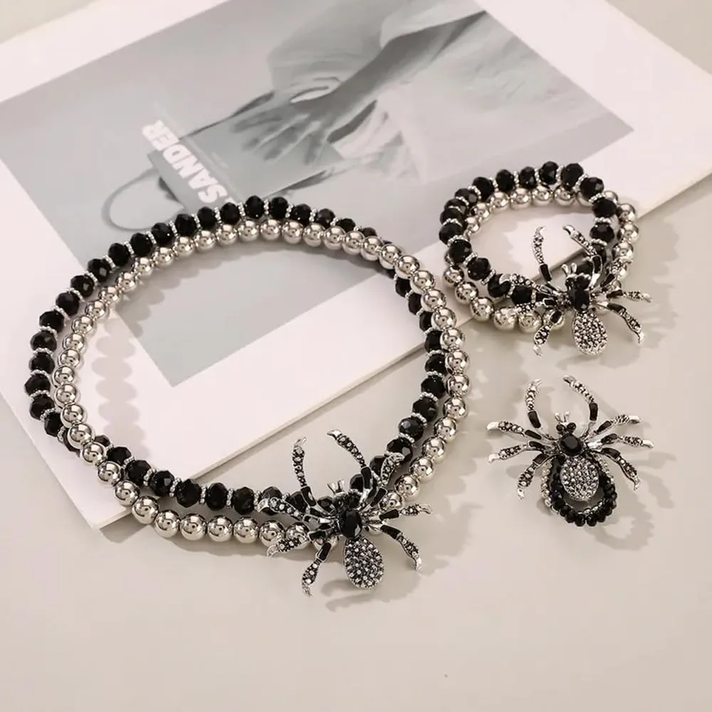 XFSRG 3 Pezzi Parure Gioielli Donna Halloween Spider con Diamanti Incastonati Orecchini Collana e Anello in Stile Gotico Accessori Punk Personalizzati - immagine 3
