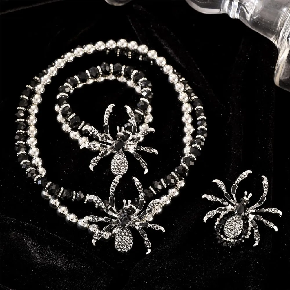XFSRG 3 Pezzi Parure Gioielli Donna Halloween Spider con Diamanti Incastonati Orecchini Collana e Anello in Stile Gotico Accessori Punk Personalizzati - immagine 4